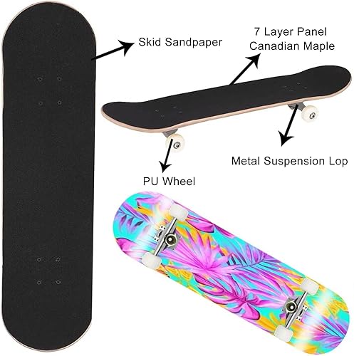 Miniatura 5 de Patinetas tropicales de verano sin costuras para principiantes de 31 x 8 pulgadas, tablas cóncavas de arce de doble patada completa al aire libre