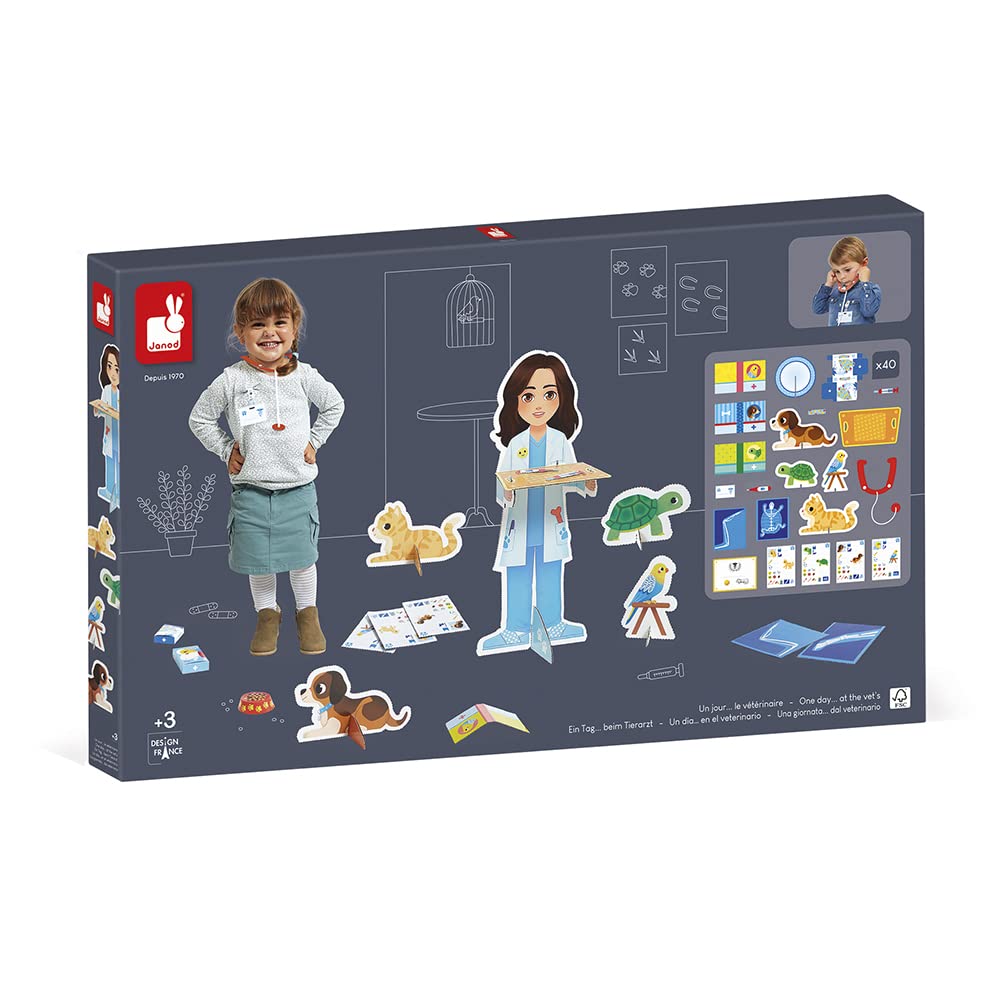 Janod - Un Jour… Le Vétérinaire - Jouet d'Imitation Métier - 40 Accessoires - Grands Personnages 65 cm - Développe l'imagination - Certifié FSC - Dès 3 Ans - J06622