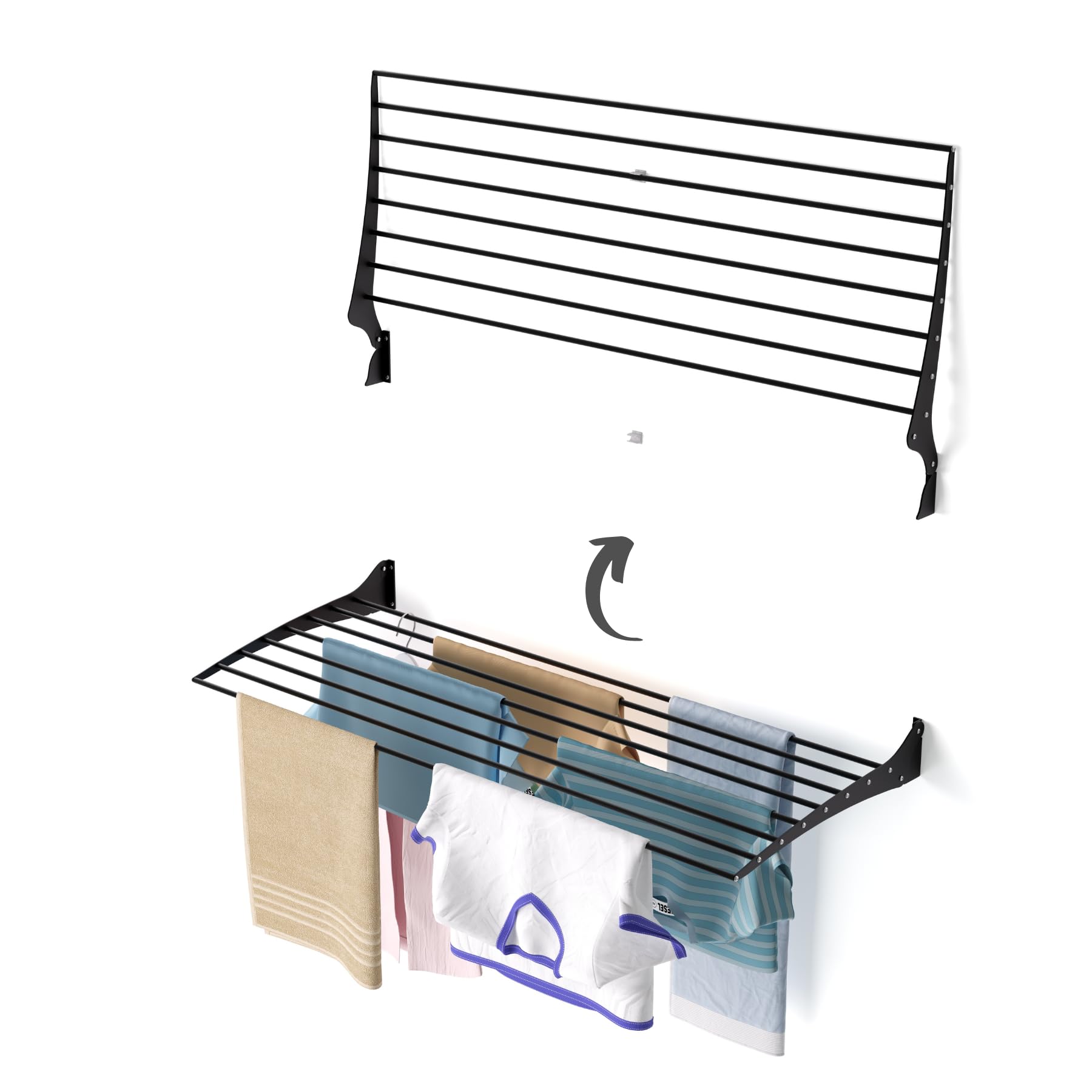 Foxydry Black - Closing Upwards Fold Wall Mounted Clothes Drying Rack, Black Folding And Rebaltable For Indoor Or Outdoor Aluminium And Steel 116X50x57 Cm / 45.6X19.6x22.4 In (120 Cm, Black)
