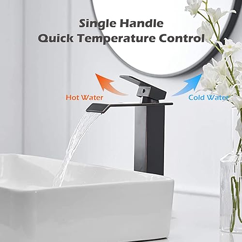 Miniatura 3 de Grifo de lavabo de bronce aceitado cascada grifo de baño alto moderno grifo de lavabo de una sola manija, con montaje de drenaje