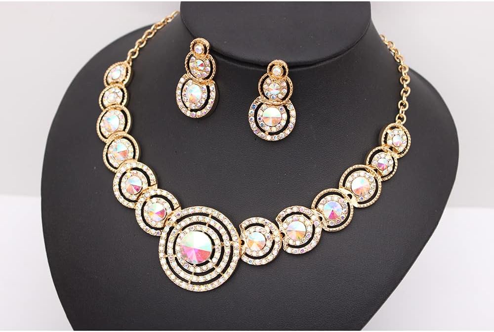 Women’s Wedding Bridal Austrian Crystal Circle Statement Necklace Dangle Earrings Bracelet Ring Jewelry Set