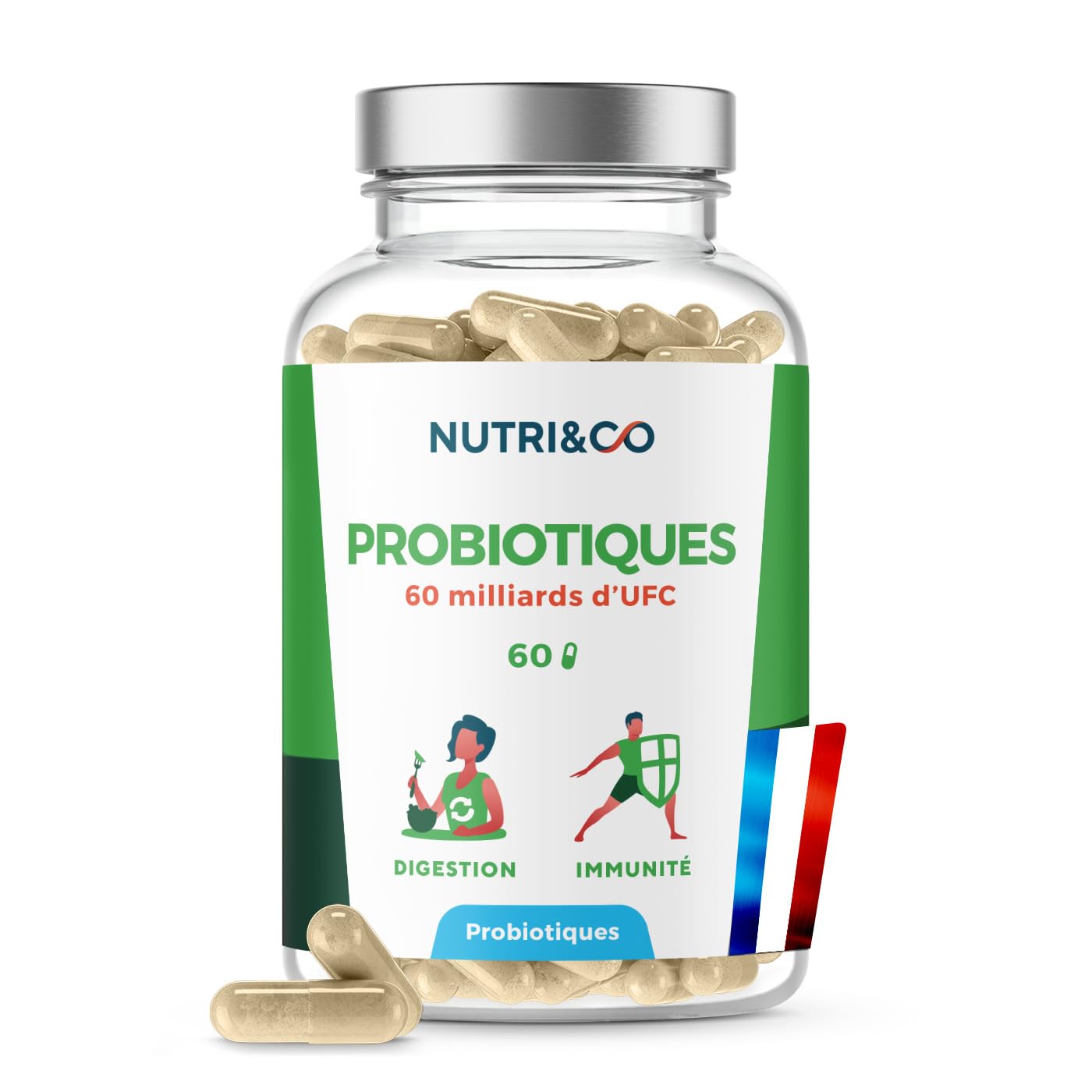 NUTRI & CO Probiotique Flore Intestinale - 60 Milliards UFC/​jour - 8 Souches Dont 3 Cliniquement Étudiées - 60 Gélules Gastro-​Résistantes aux Enzymes Digestives - Conditionné en France