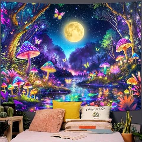 Kanuyee Blacklight Tapestry Butterfly Moon Wall Tapestry Magical Forest Tapestry for Bedroom Magical Tapestry Aesthetic Bedroom Room Decor Moon 60×80 Inches Cover