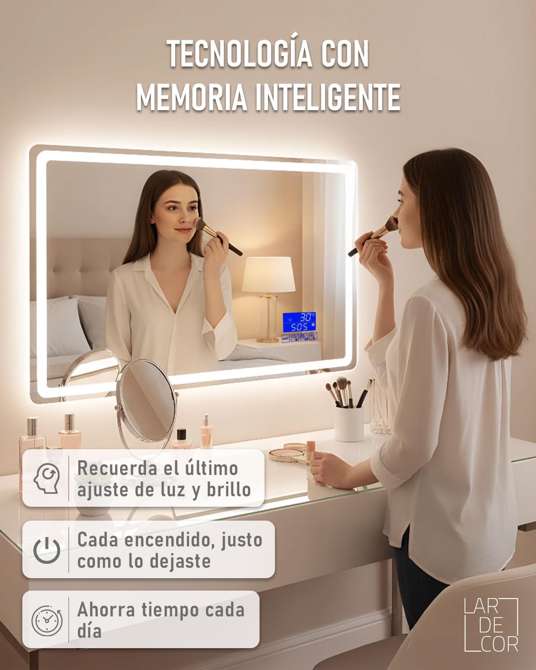 Espejo con Bluetooth y Luz LED Tipo 2 Regulable 3000K/4000K/6000K【120 x 70 cm】 Función Antivaho, Modelo Horizontal de Pared con Interruptor Táctil, Instalación Fácil