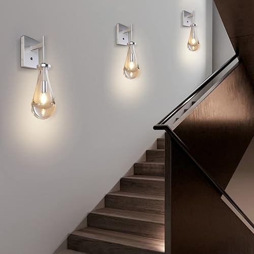 Miniatura 2 de HuisMier Aplique de pared de níquel cepillado, apliques de pared de gota de lluvia con botón de interruptor de encendido y apagado, moderna lámpara