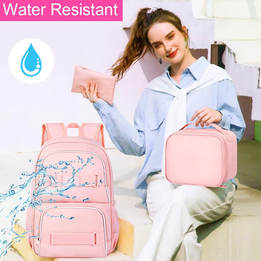 3 zaini per computer portatile, 40,6 cm, per scuola, università, per adolescenti, ragazze, donne, studenti, zaini resistenti all'acqua con borsa per il pranzo (rosa), rosa classico, 43 cm, zaini da