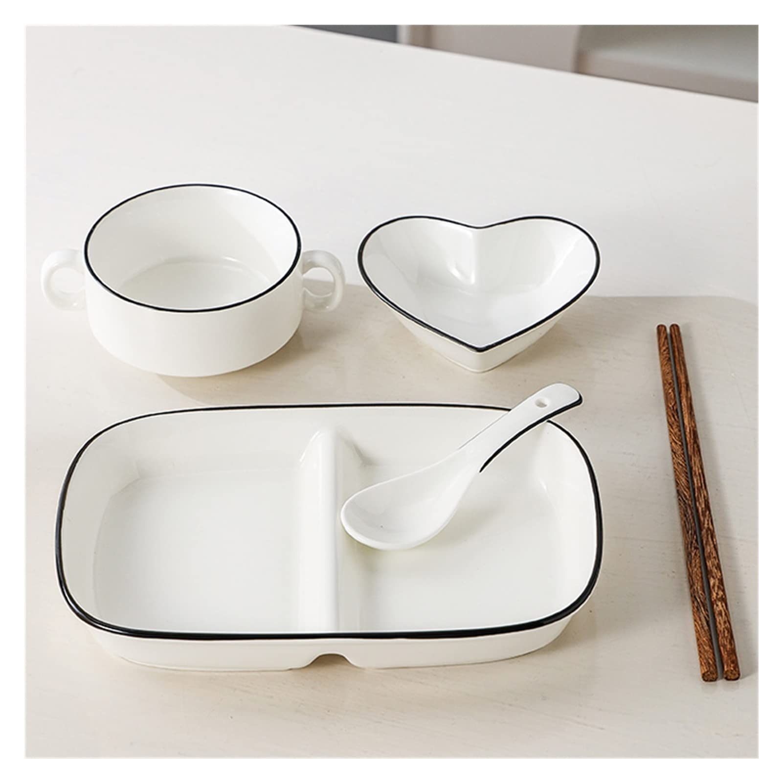 Meiiron Set di Posate da 5 Pezzi Piatti bariatrici monouso for Il Controllo delle porzioni, Piatto Diviso/Ciotola for zuppa/Cucchiaio/Bacchette - Bianco con Motivo (Color : F, Size : Set-2