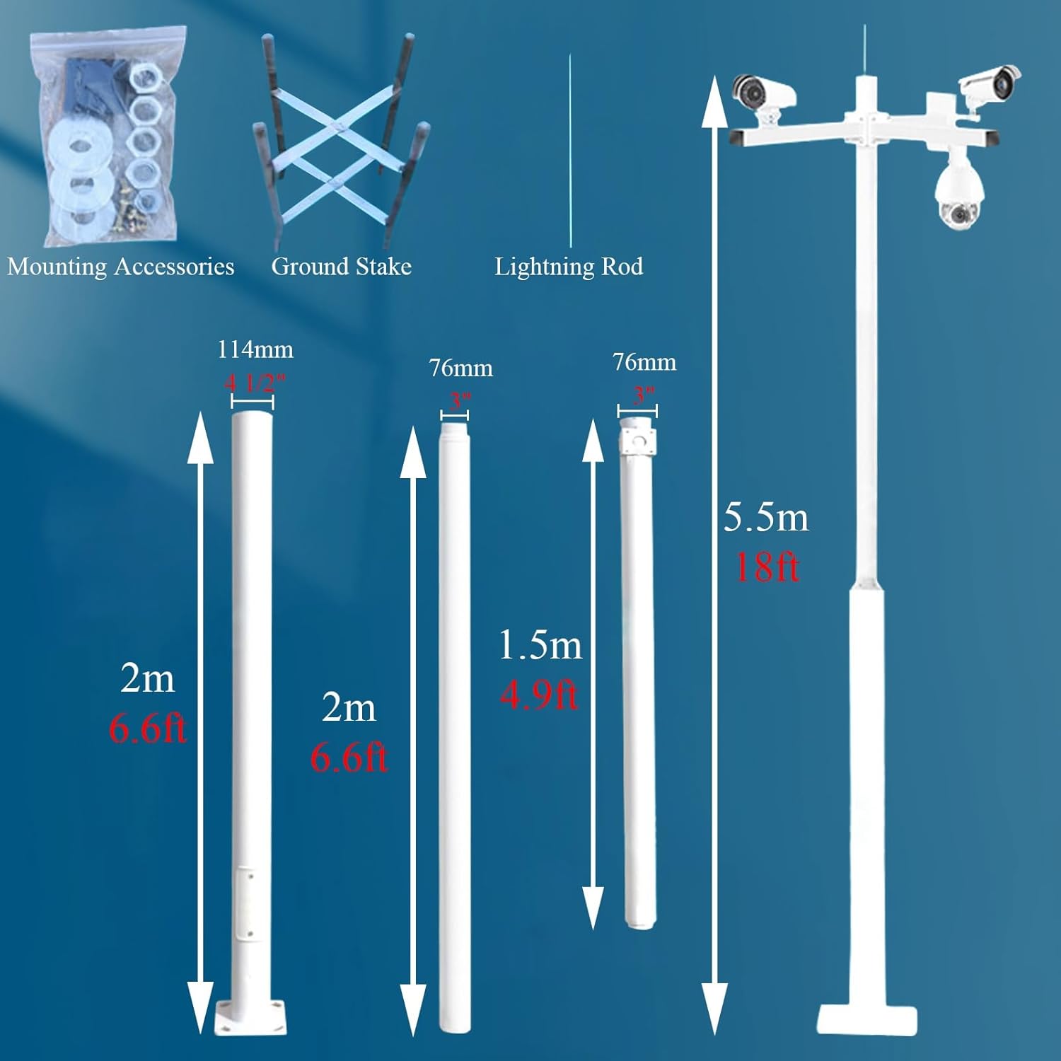 Universal Weatherproof Security Camera Pole - Adjustable 4 Arms, 8ft/10ft/20ft Height, Durable Vertical Mount for Outdoor Surveillance Cameras, Enhanced Stability & Protection