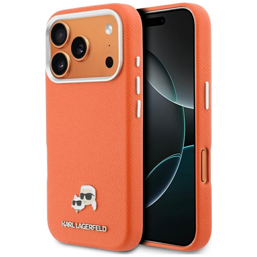 CG MOBILE Karl Lagerfeld Karl & Choupette Saffiano - Funda para iPhone 17 Pro Max compatible con MagSafe (naranja)