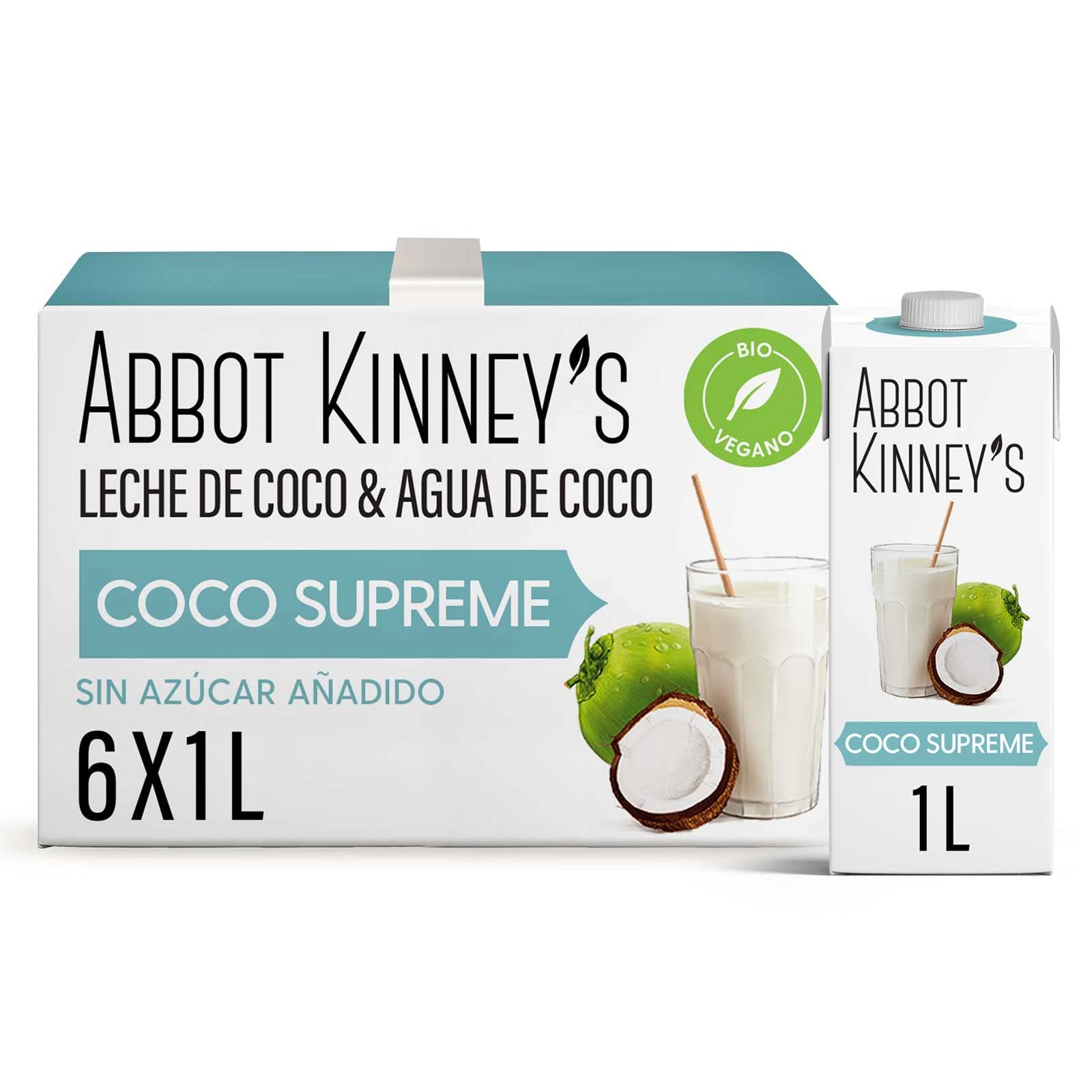 Abbot Kinney's Bebida Ecológica Vegetal de Coco Supreme Pack 6 x 1 L Sin Azúcar Añadido Vegano Sin Lactosa