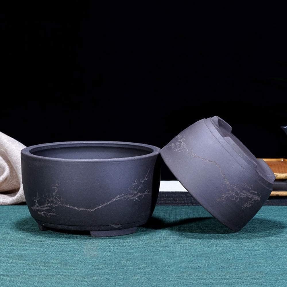 Generico Vaso bonsai tradizionale cinese in ceramica nera opaca con foro di drenaggio, fioriera rotonda floreale incisa for piante grasse da interno, decorazioni for la casa