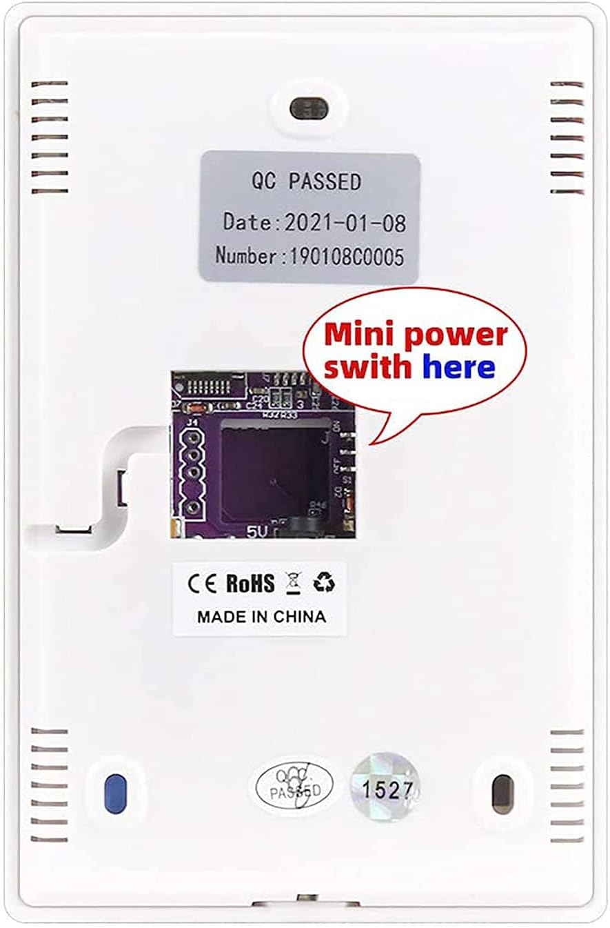 Back view of the Wolf-Guard JP-08 Keypad showing the internal circuit board and a red circle indicating the 'Mini power switch'.