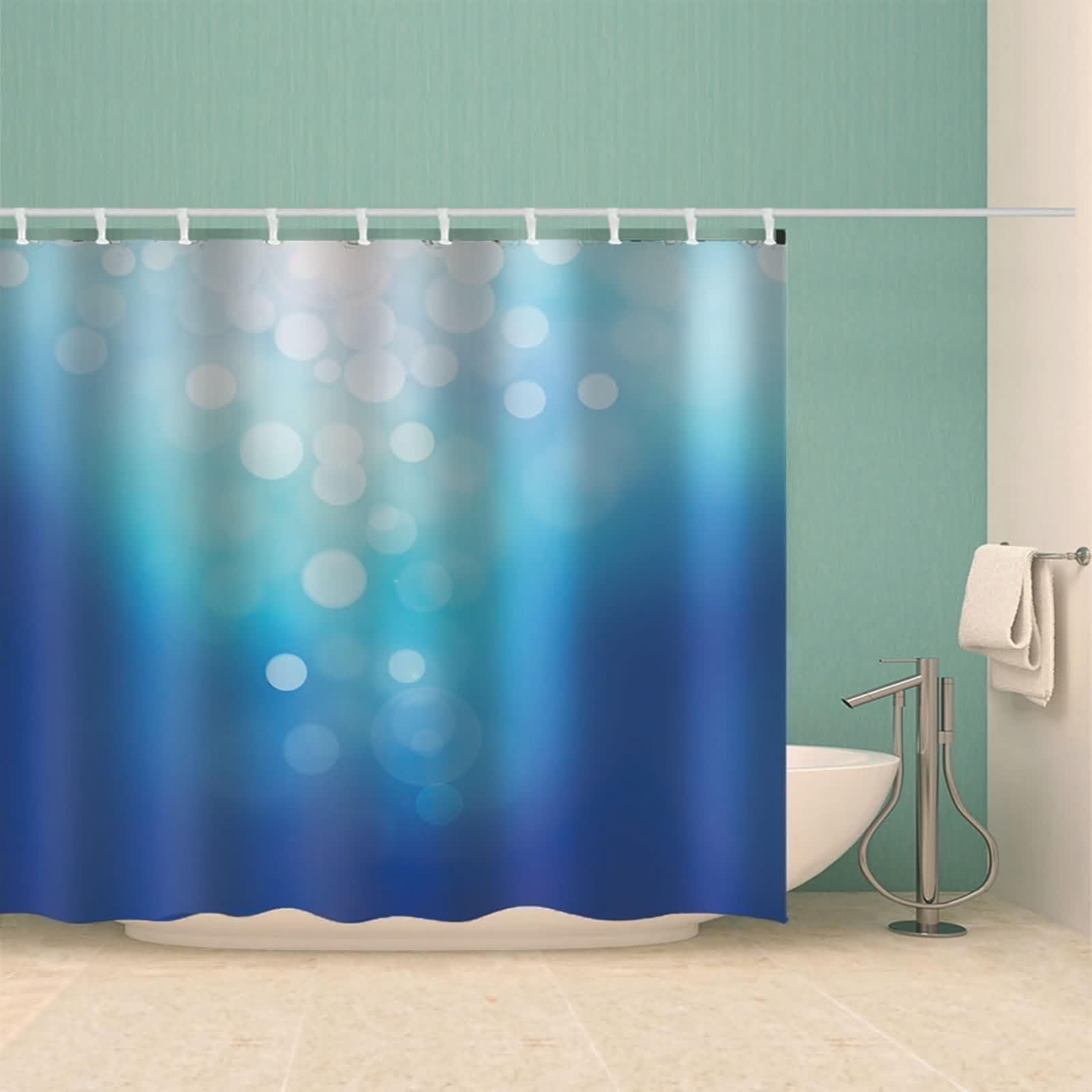 Cortina de ducha impermeable de tela textil azul, patrón de ensueño, cortina de baño de poliéster, antimoho, secado rápido, con anillos de cortina de ducha