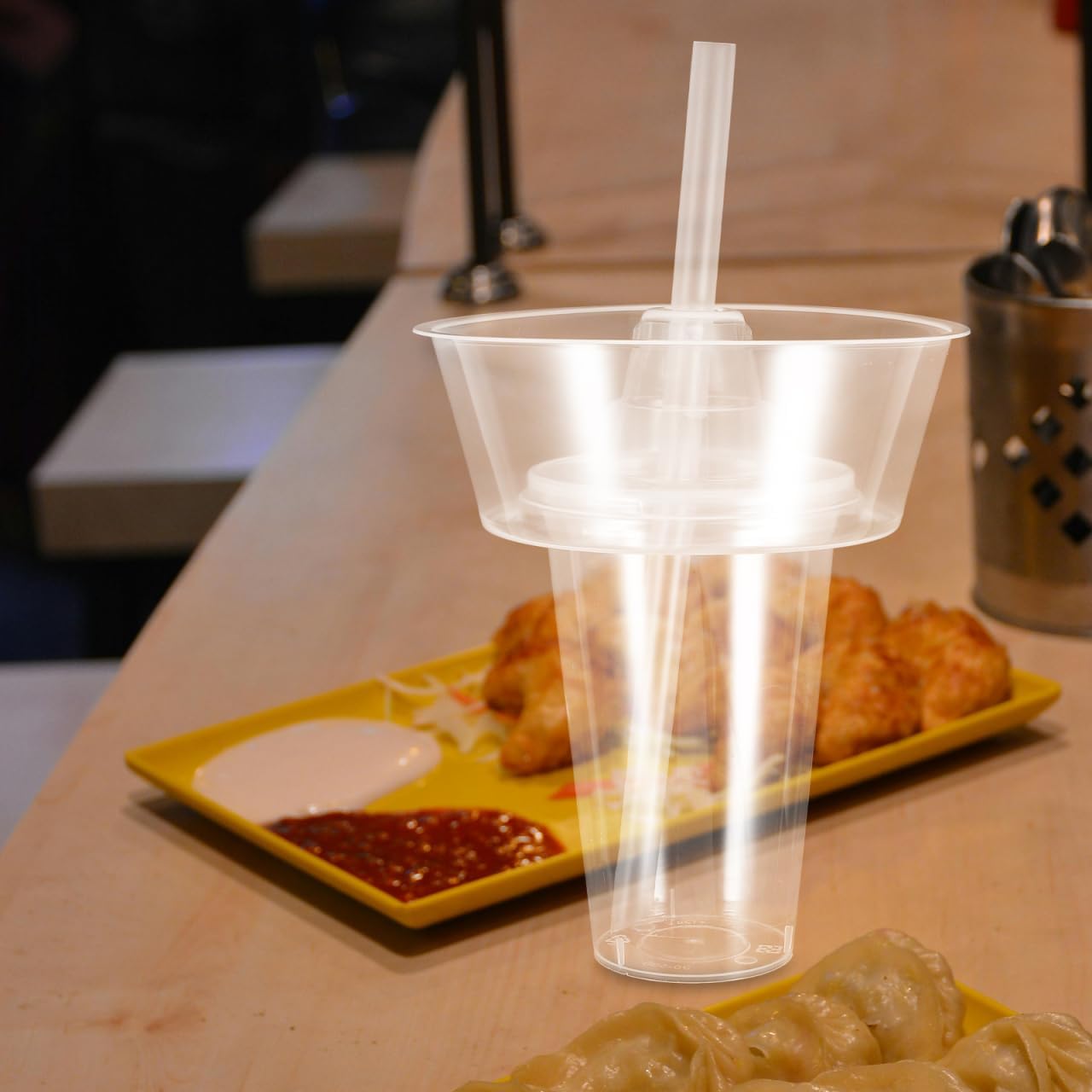 Unomor Snack and Drink Cup Set with Straws Reusable Clear Plastic Tumblers with Top Bowl for French Fries 7.08In One-Handed on-the-Go Cups for Hotpot and Cold Drinks