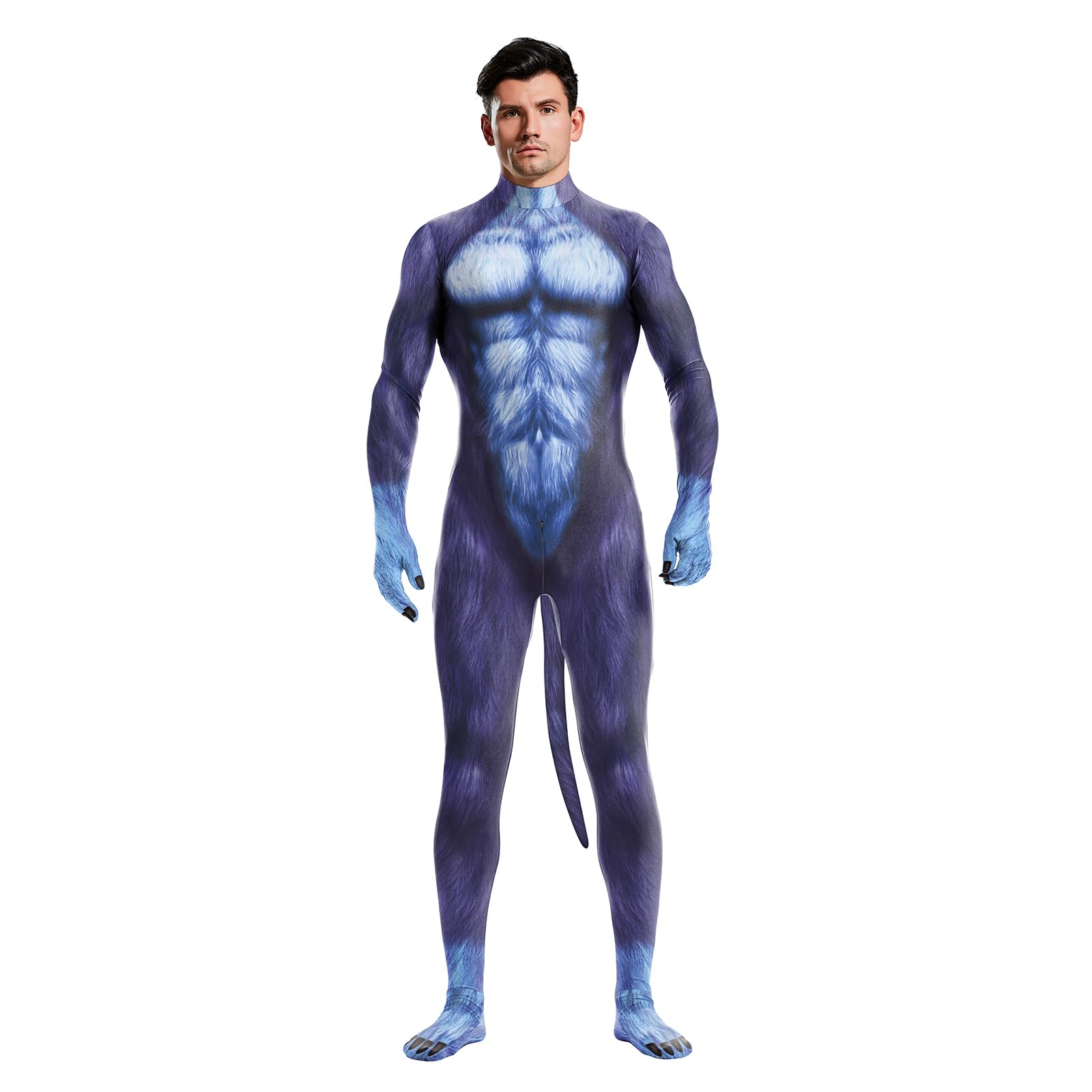 Men's Animal Bodysuit Costume with Big Tail Print Petsuit Spandex Furry Jumpsuit Cosplay Halloween Party