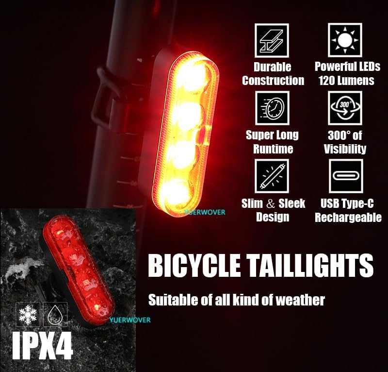 Miniatura 6 de Luz trasera de bicicleta recargable USB-C para montar por la noche, paquete de 2 luces traseras de bicicleta delanteras y traseras de ciclismo,