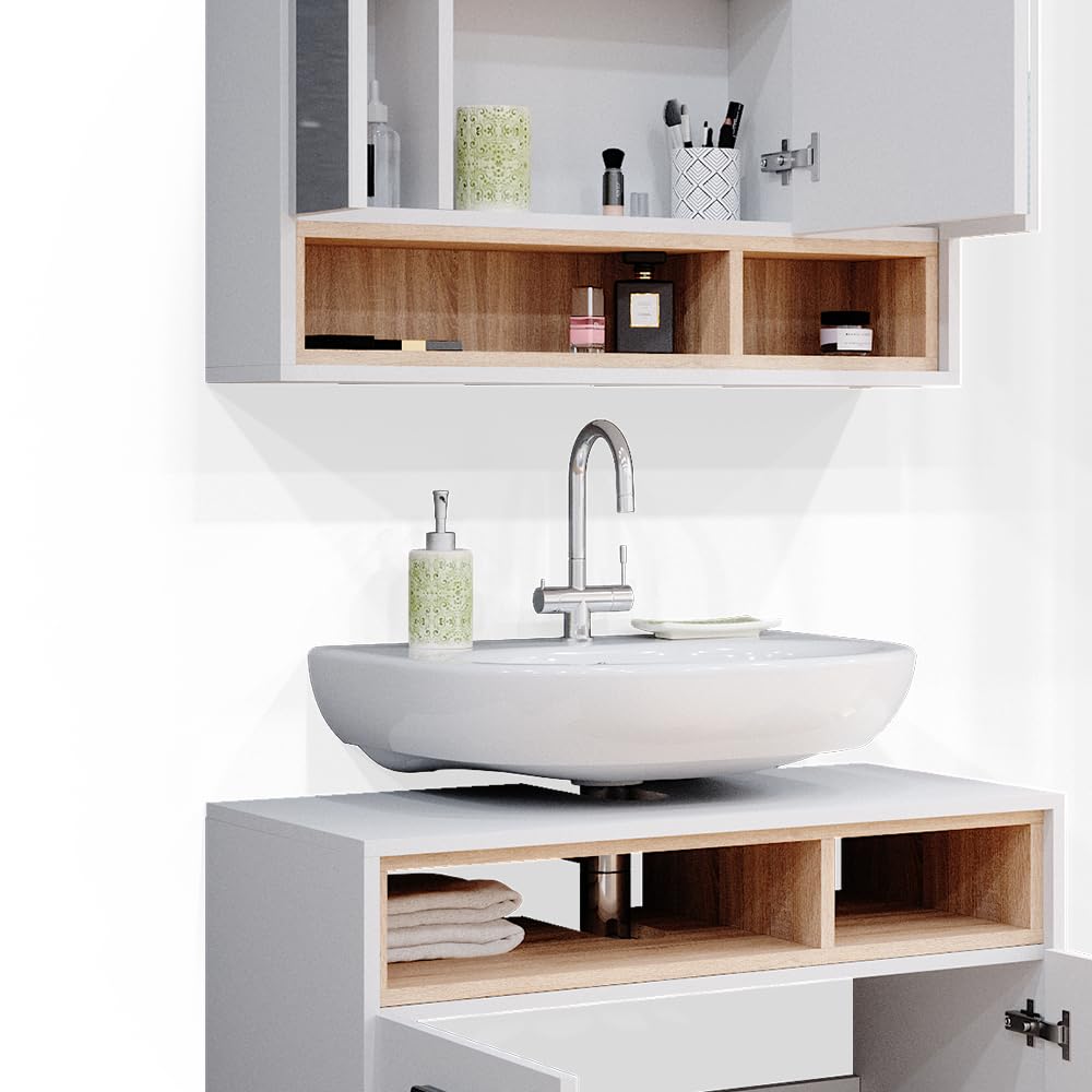 Vicco Set mobili bagno Beatrice, Bianco, 80 cm, composto da specchio da bagno e mobile sottolavabo