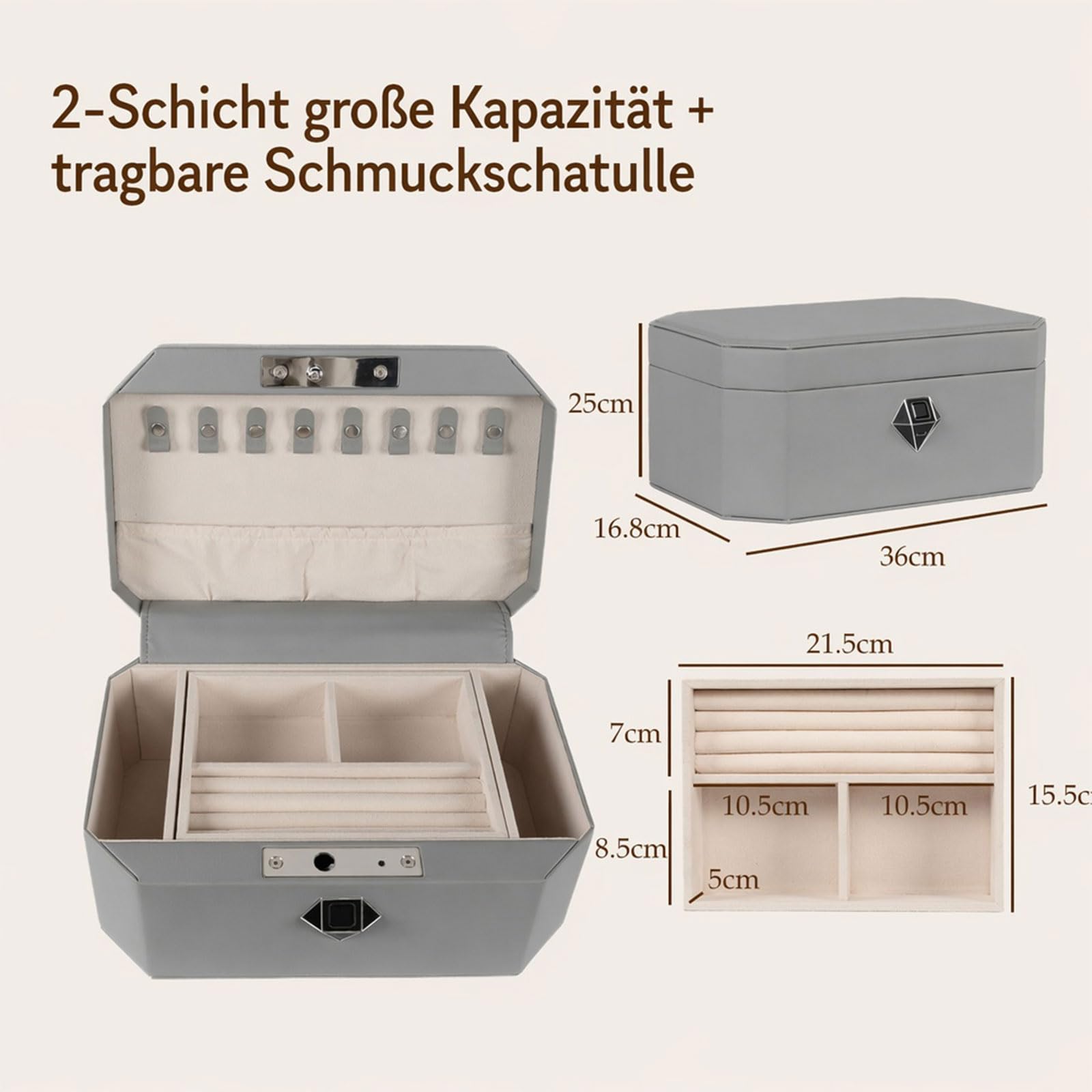 Coffre-fort à bijoux, coffre-fort biométrique pour empreintes digitales, boîte à bijoux enveloppée de cuir avec serrure, accès rapide et entrée sans clé (deux niveaux, gris)