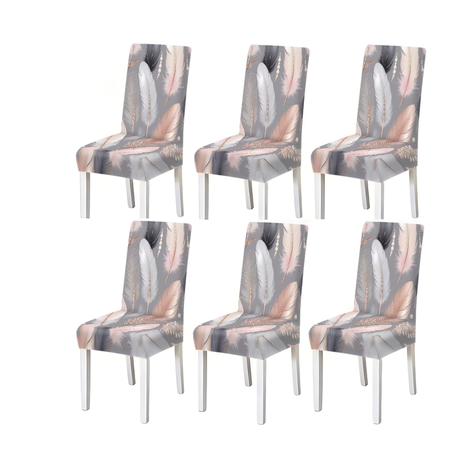 BOSUYBN Grey Pink Feather Pattern Print Dining Chair Covers Set Of 2/4/6, Luxury Stretch Slipcovers With Rose Gold Lines Furniture Protectors for Home Dining Room(6PCSChair cover)