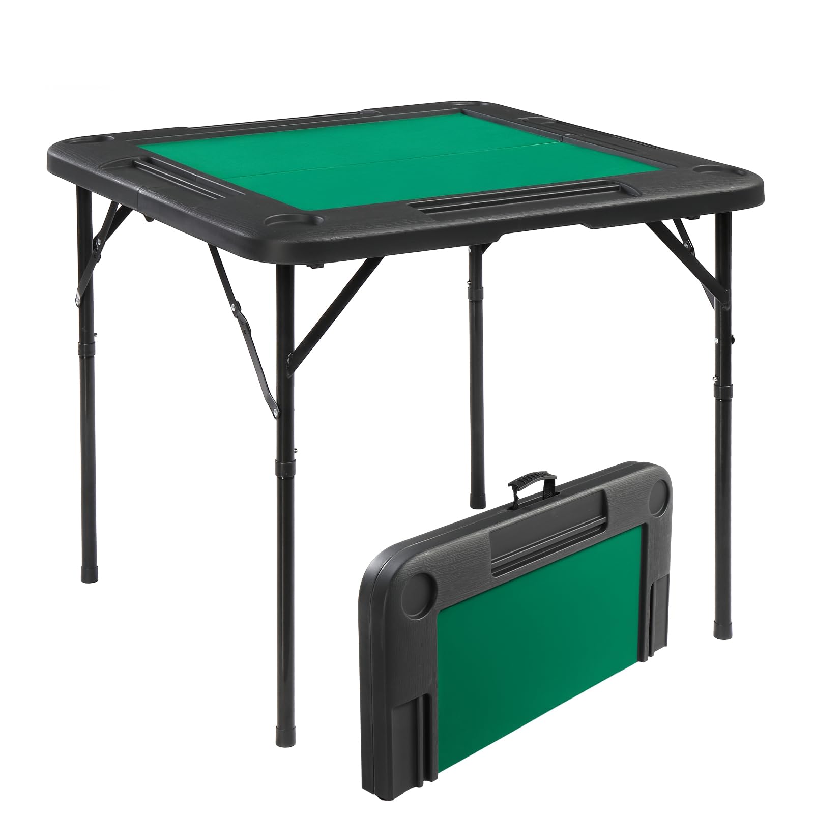Bonnlo 34" Foldable Mahjong Table, 4 Player Square Card Table with Cup Holders and Chip Trays, Portable Poker Table for Blackjack, Texas Holdem, Board Game, Pre-Assembled, Black