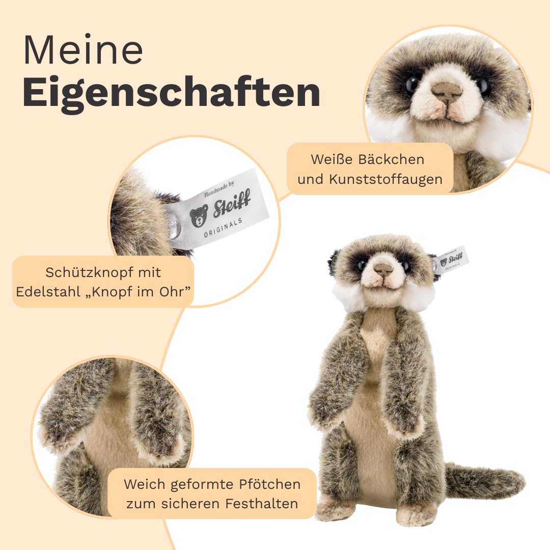 Steiff Kuscheltier Erdmännchen Baby, Süßes Stofftier mit Kunststoffaugen, Kinder, Jungen & Mädchen, Plüschtier 22 cm, Braun, 069871