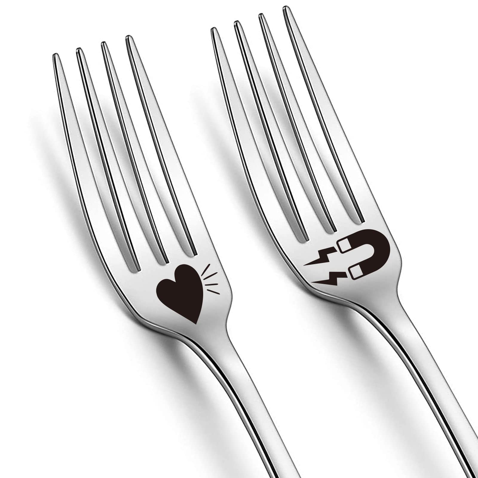 2 Pcs Magnet And Heart Couples Funny Engraved Fork, 8.26" Stainless Steel Dinner Dessert Forks Gifts, Novelty Gift Idea for Women, Men, Friends, Parents, Thanksgiving, Birthday Christmas