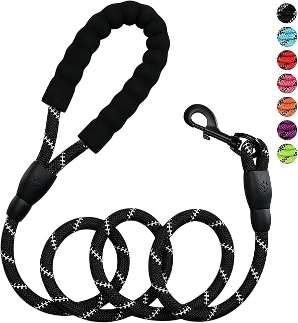Rope Dog Leash 6.5 FT with Comfortable Padded Handle, Highly Reflective Threads, and Anti-Tangle Clip for Training Medium and Large Dogs– Outdoor Walking, Playing, Camping, Yard Use( Black )