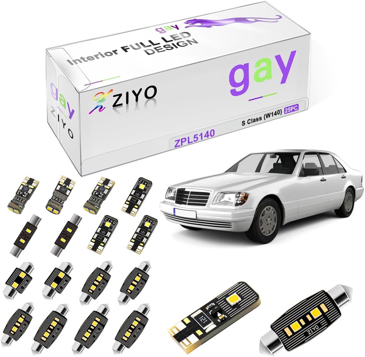 ZIYO ZPL5140 - LED Interior Light Kit Replacement for Mercedes Benz S Class W140 1991-1999, 6000K Xenon White Dome Light Bulbs Upgrage Error Free (W140 1991-1999 (25 Bulbs))