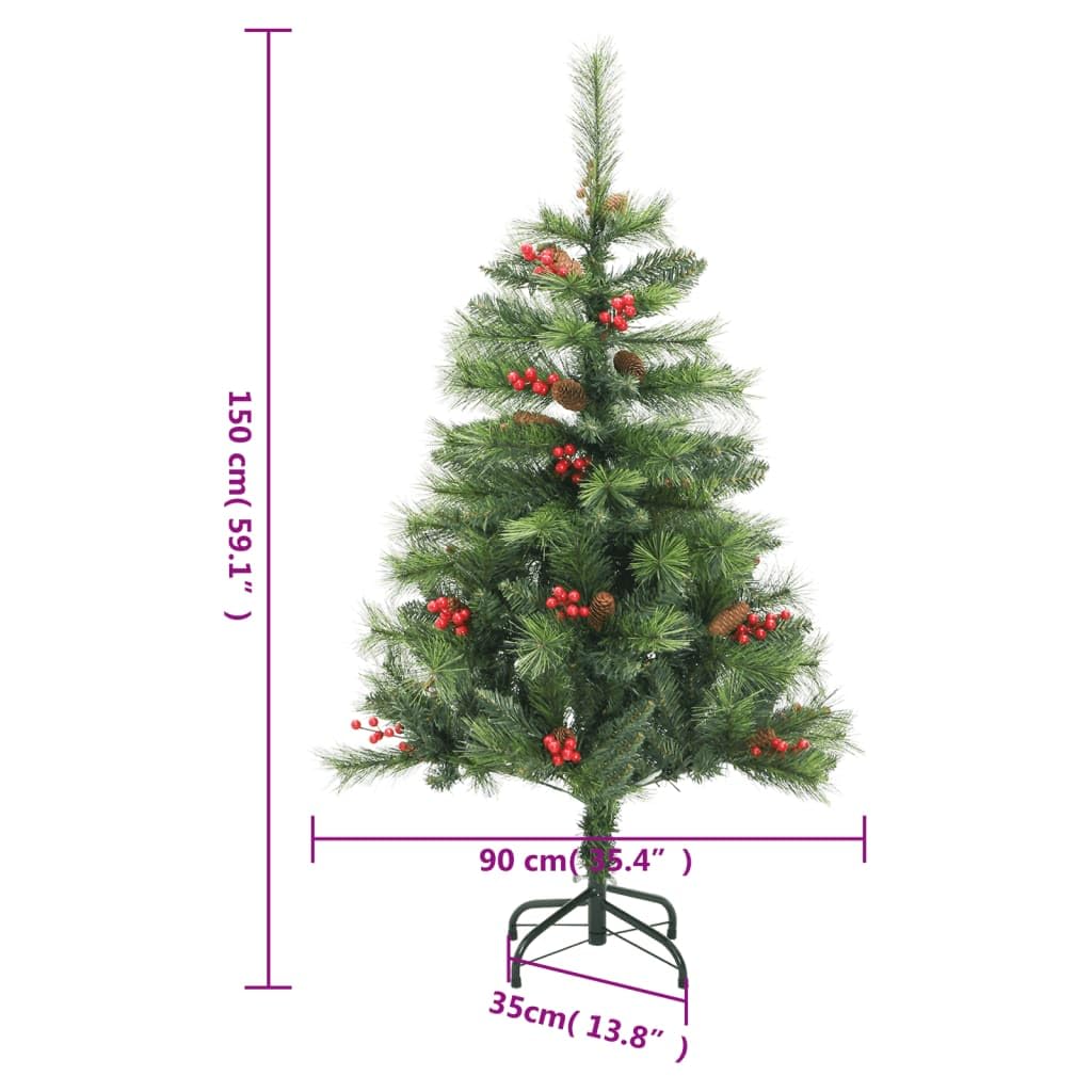 Künstlicher Weihnachtsbaum Klappbar mit Zapfen und Beeren 150 cm PVC Tannenbaum mit Metallständer für Wohnzimmer Flur Büro Advent Weihnachtsdeko Festtagsdeko