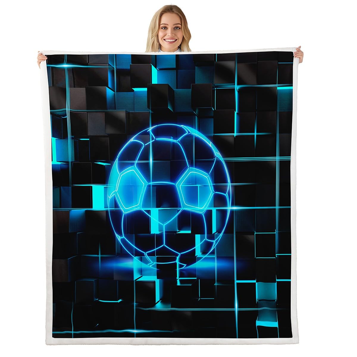 Couverture 229x229cm football pour lit et canapé plaid polaire bleu