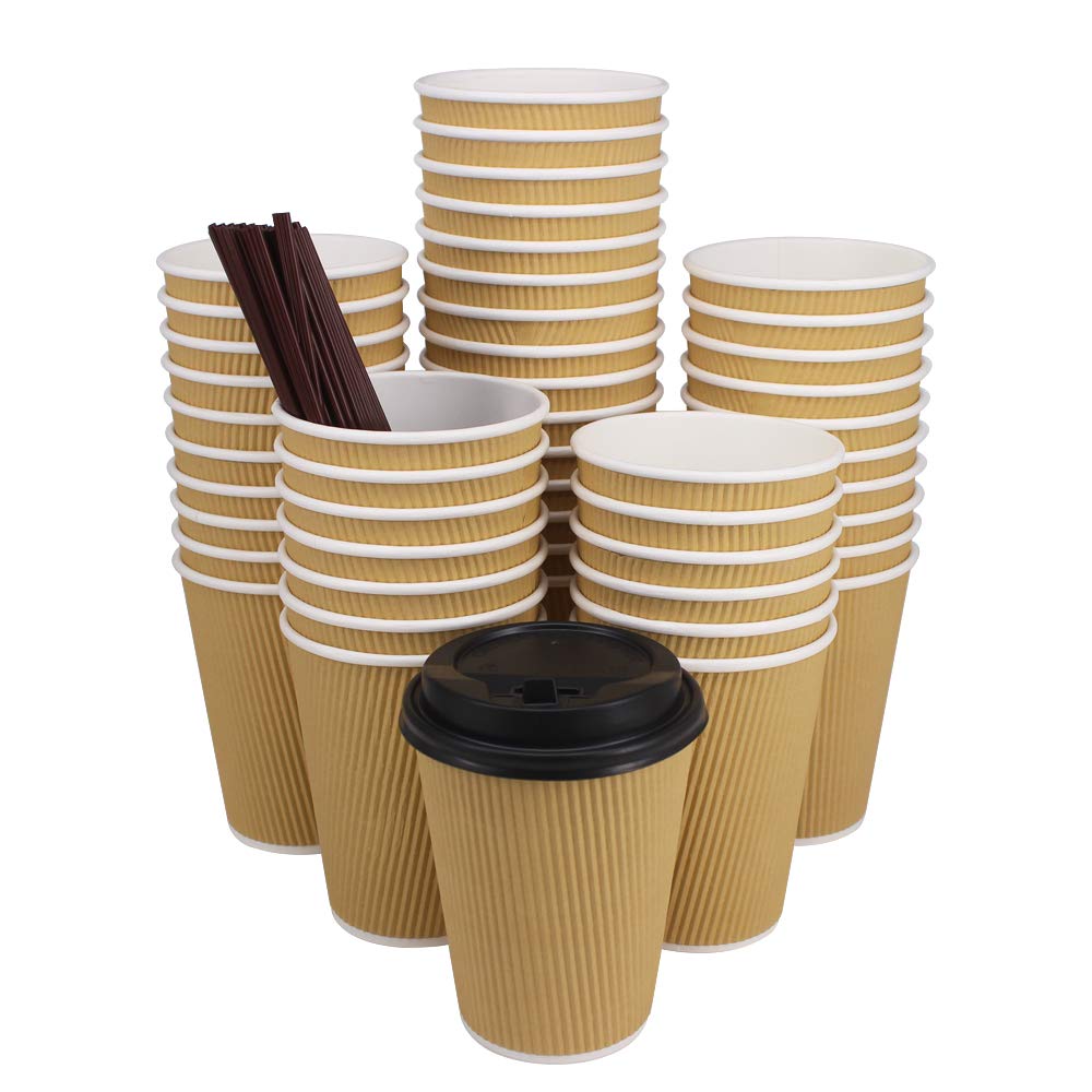 ZMYBCPACK Hot Paper Coffee Cups with Travel Lids Disposable Paper Cups for Coffee, Tea, Hot or Cold Beverage 12oz(100 pack with lids and straws) Brown