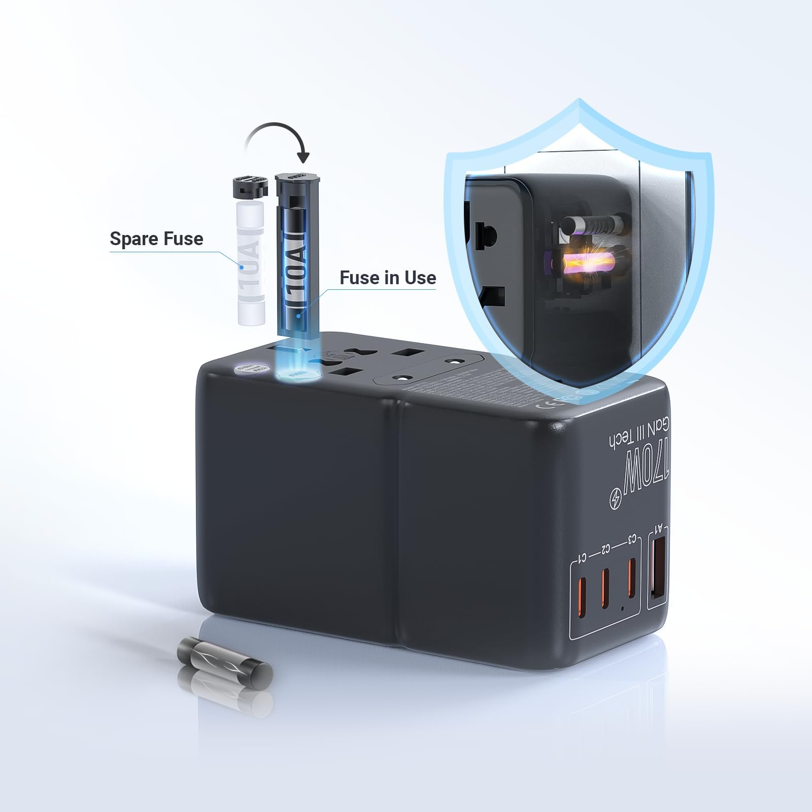 MINIX GaN III adapter podróżny 170 W z 3 portami USB-C i 1 portami USB-A, międzynarodowy adapter zasilania, AC Outlet, kompatybilny z US/UK/UE/AU do laptopów, tabletów, telefonów, kamer