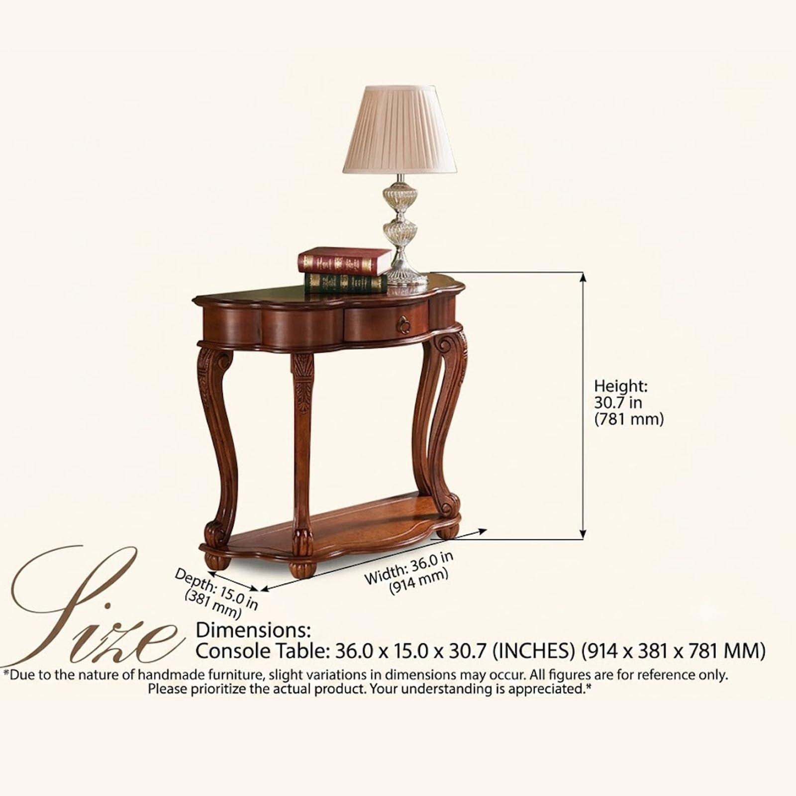 Console Mezzaluna Vintage in Legno Massello con Cassetto, Tavolo da Ingresso o Tavolino da Salotto(Cherry)