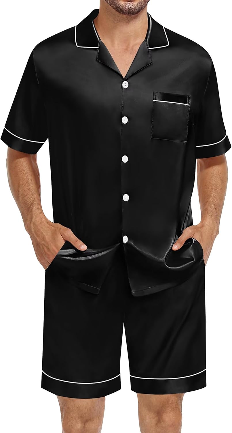 SWOMOG Silk Satin Pajamas Sets for Men Short Sleeve 2 Piece Button Down Sleepwear Mens Loungewear Sets with Pockets - Image 5