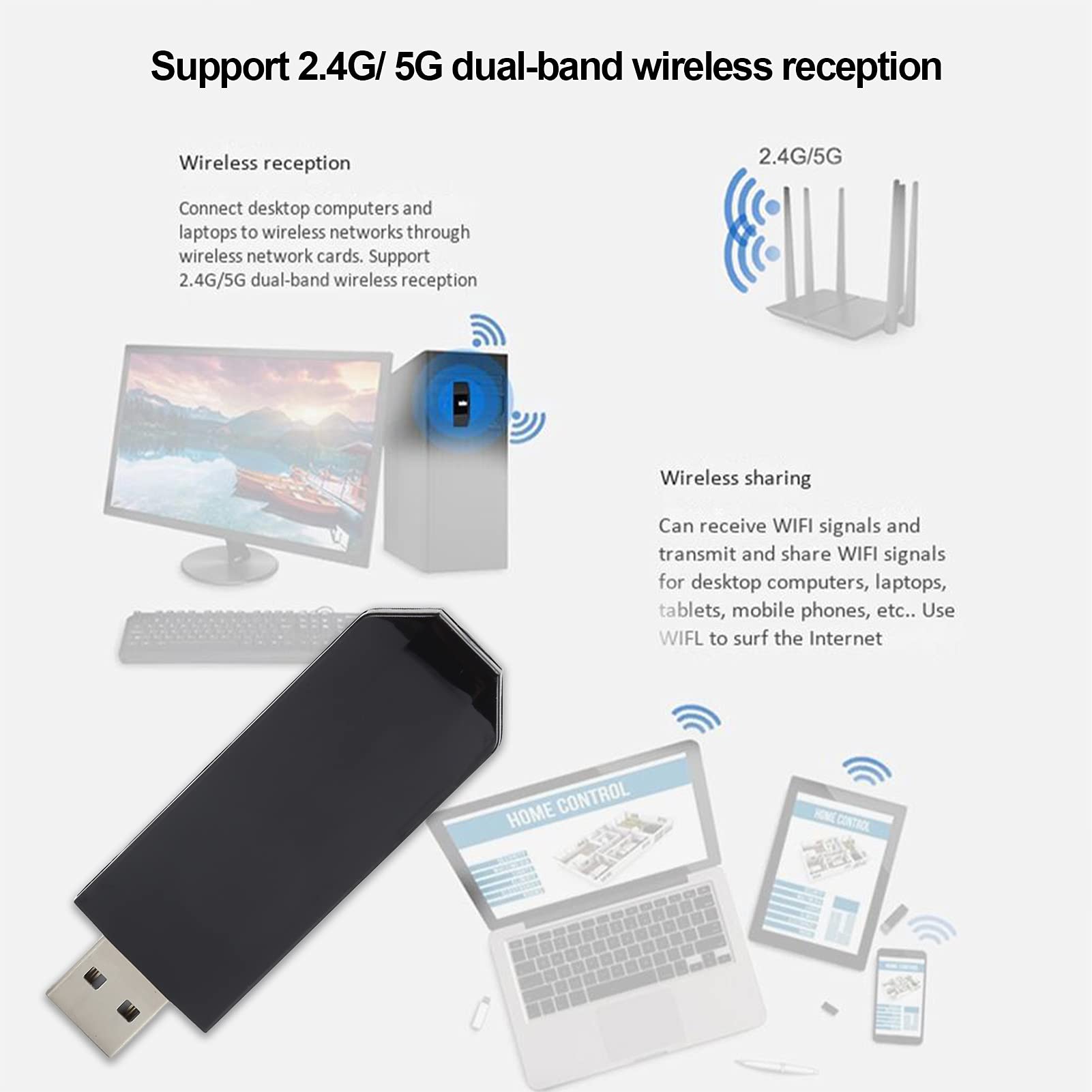 EBTOOLS USB Network Adapter 2.4G + 5G, Dual Band USB Hotspot Receiver Transmitter Stick Dongle Computer Accessories
