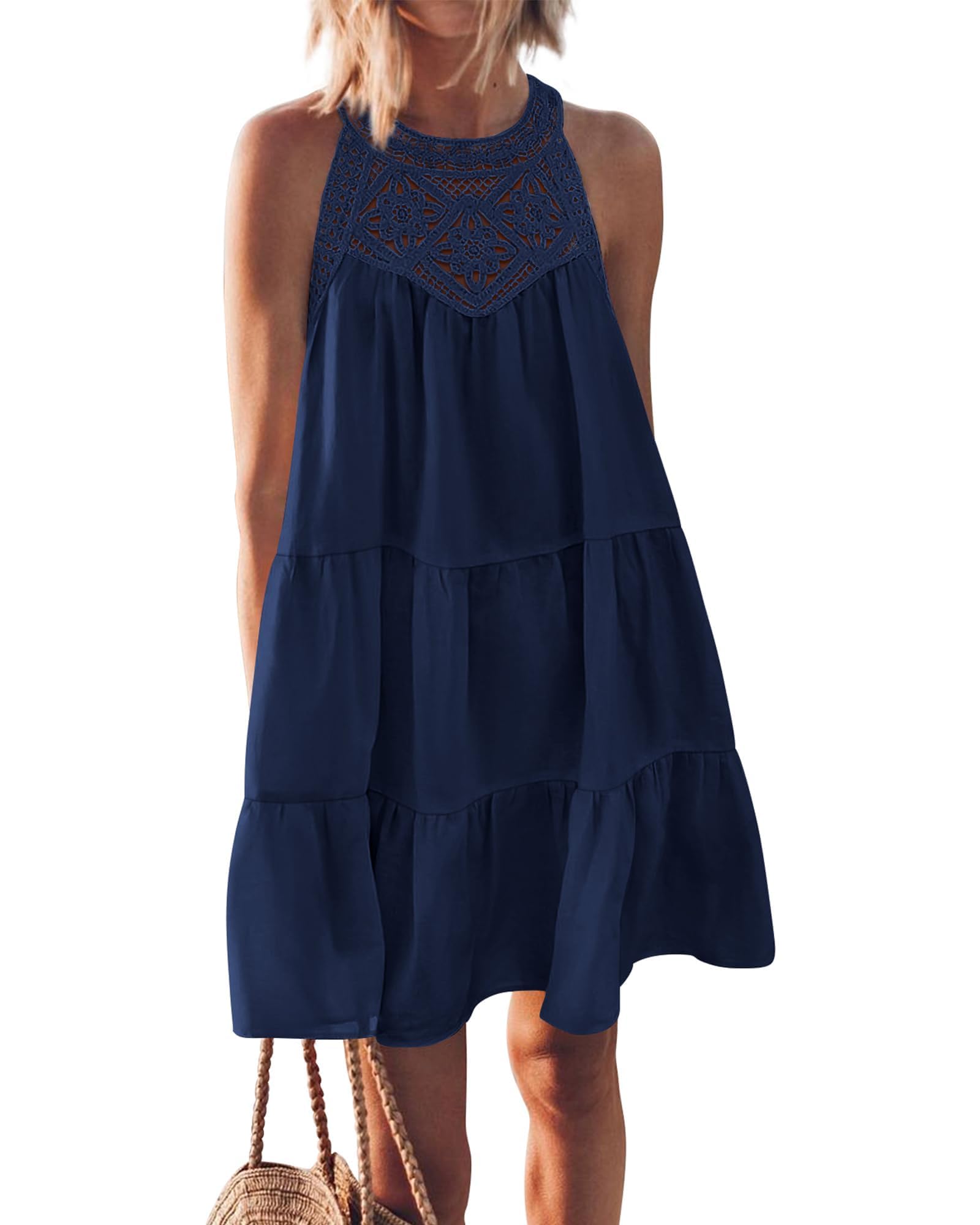 Vestido Halter Hueco de Verano para Mujer, Vestido Casual sin Mangas, Mini Vestido Fluido, Vestido de Playa con gradas