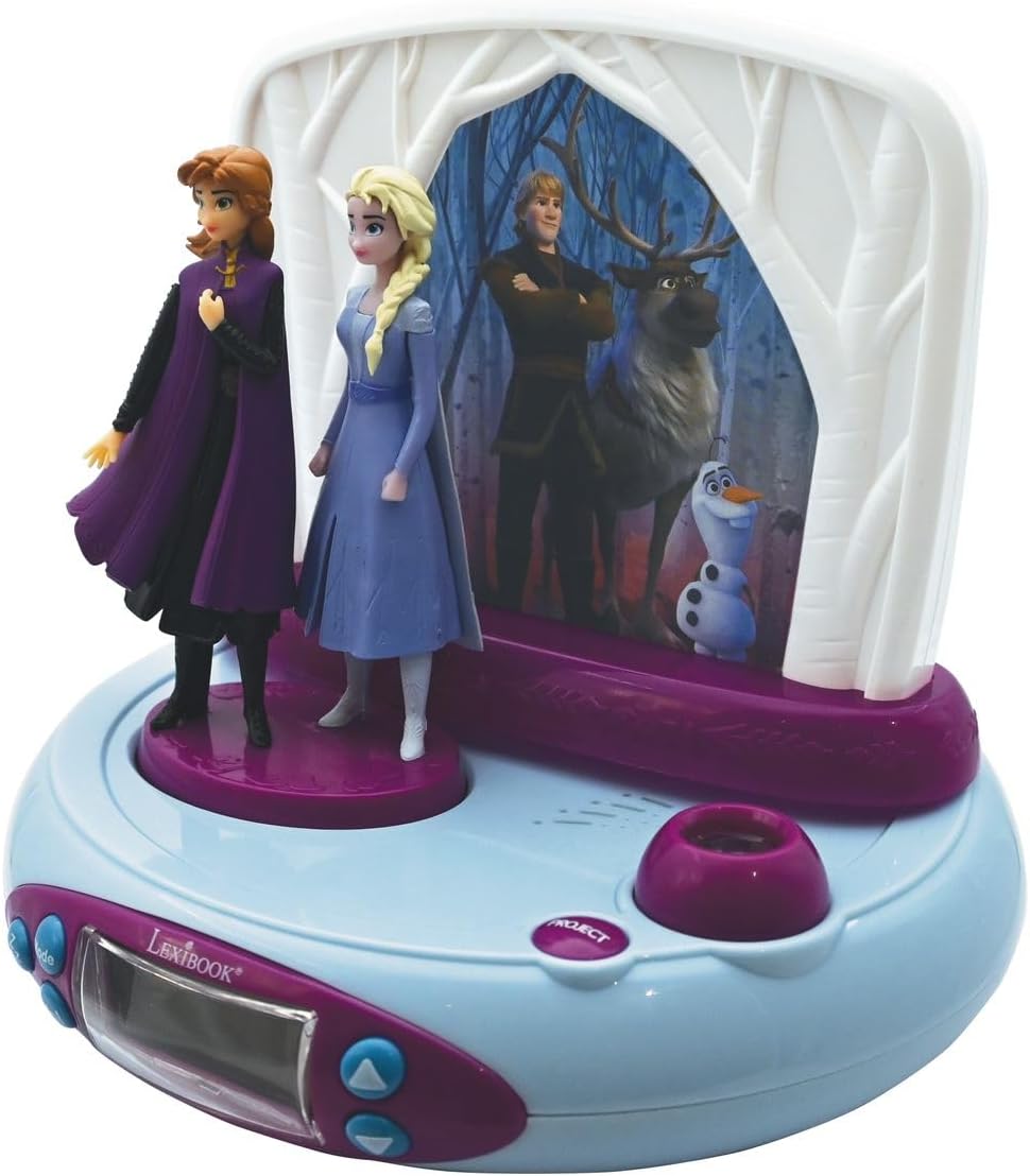 LEXiBOOK Disney Frozen 2 Elsa & Anna, Projector Alarm Clock with Sounds, Night Light, time Projection onto The Ceiling, Sound Effects, Battery-Powered, Blue/Purple, RP510FZ