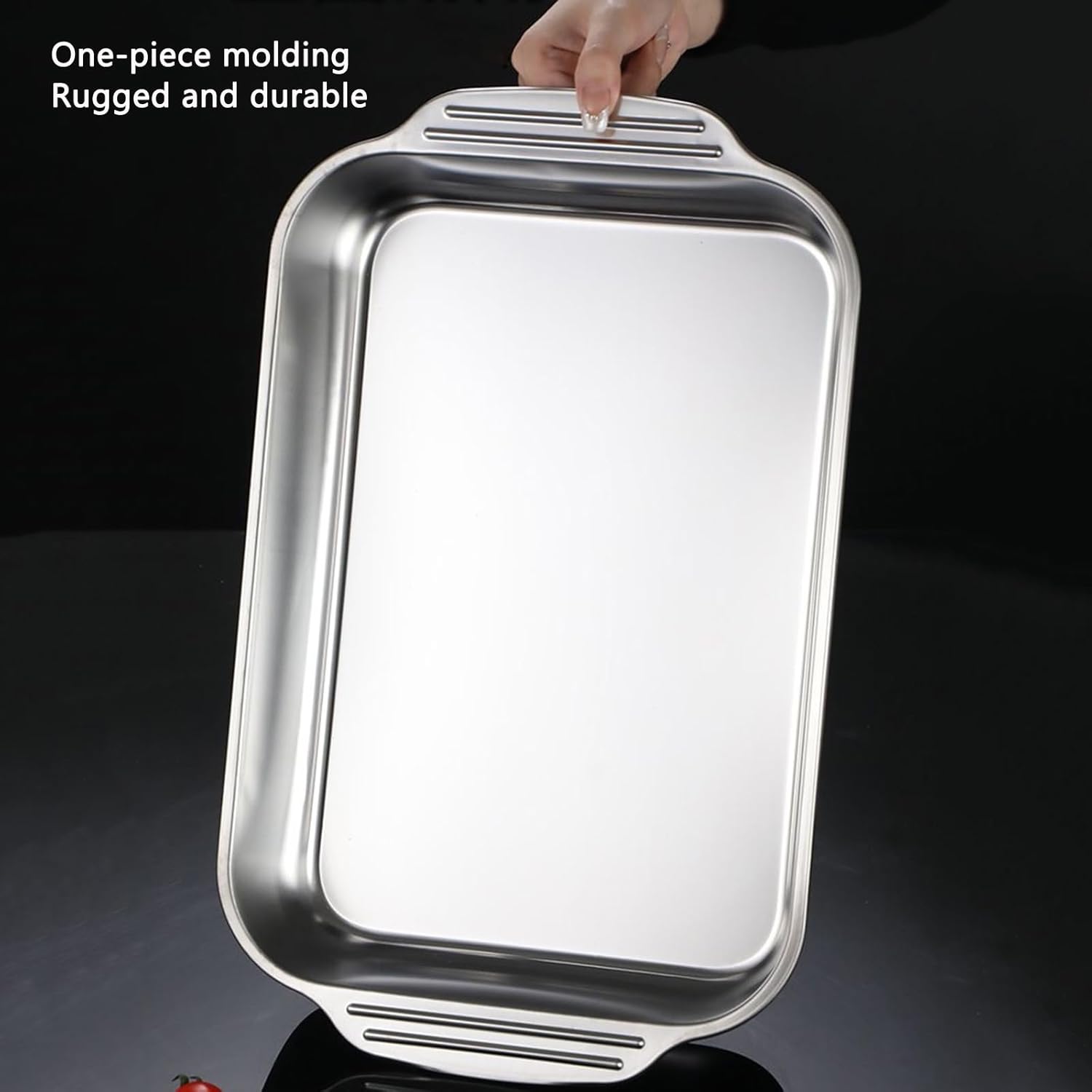 SvRite Stainless Steel Rectangular Roaster/Roasting Pan with Steel Cover - 37/41/45cm Baking Pans Deep Broiling Pan Service Tray for Cooking Ham, Chicken, Cake, Lasagna, Casserole (41cm)