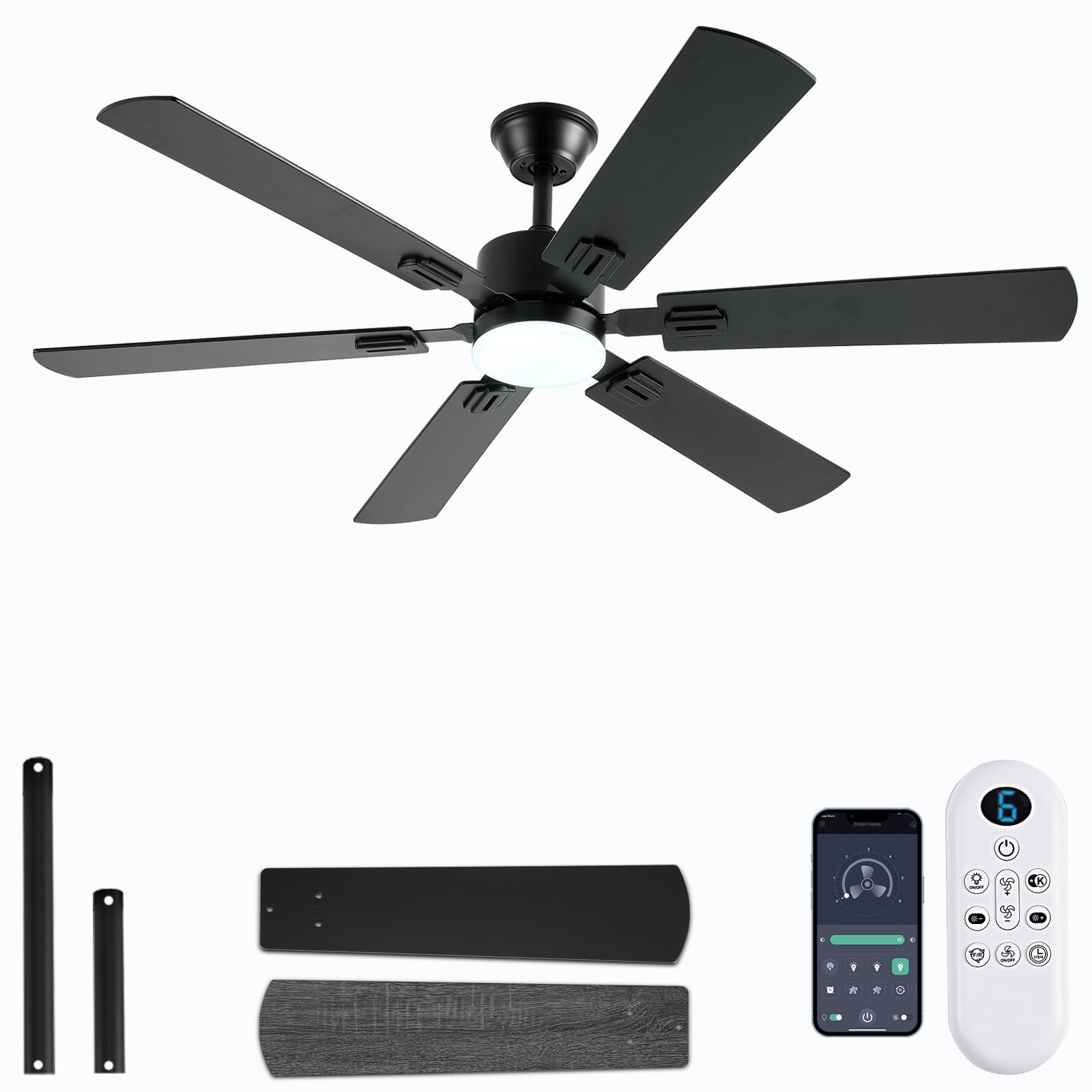 FUMLTP 56inch Black Ceiling Fans with Lights and Remote/App Control, Dimmable LED, Reversible DC Motor, Noiseless, 6 Double-Side blades, 6 Speeds Low Profile Ceiling Fan for Indoor/Outdoor Use