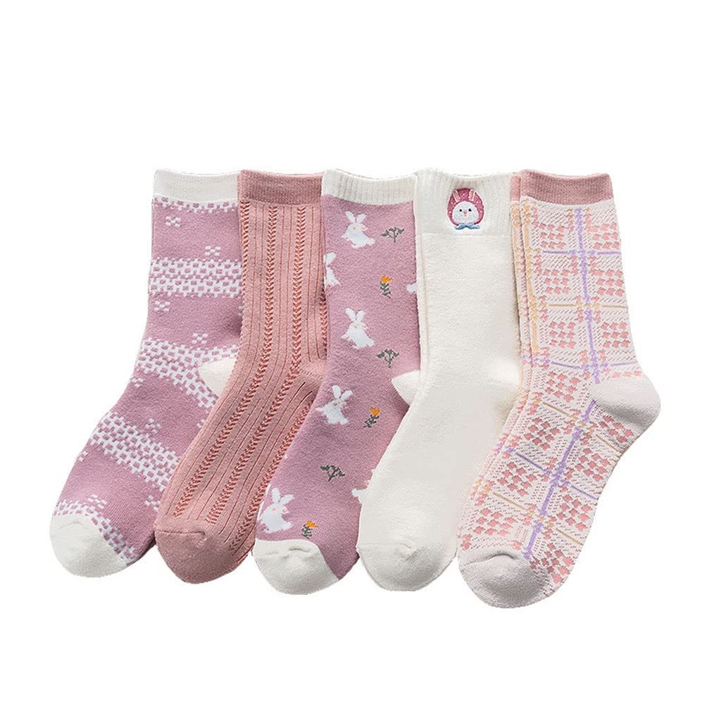 5 Pares de Calcetines de Tubo Retro, Calcetines de Mujer, Calcetines Gruesos cálidos de Felpa for otoño e Invierno, Calcetines de Conejito de Dibujos Animados a Cuadros