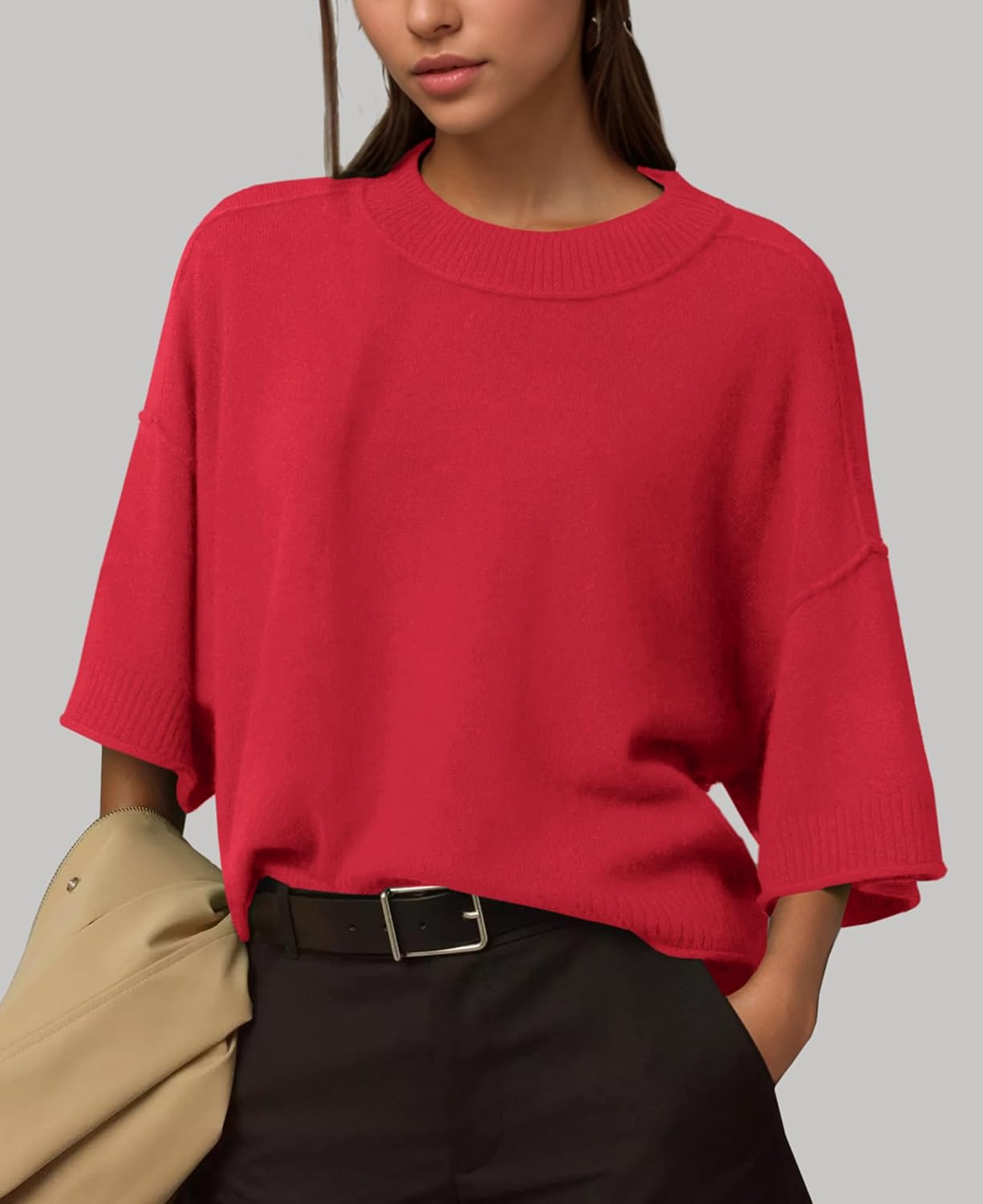 ZDC Women's Oversized Sweaters Summer 3/4 Sleeve Casual Cropped Tops Lightweight Loose Fit Knit Pullover - Image 2