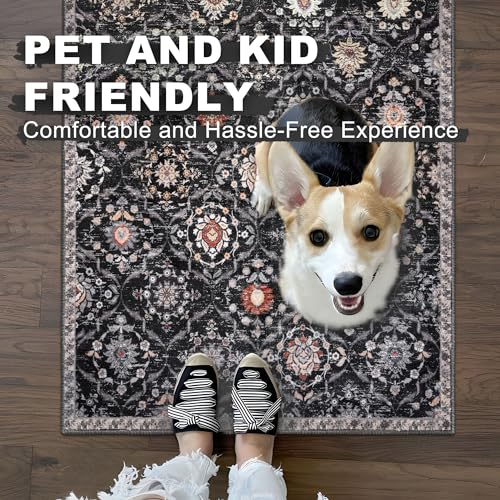KILOCOCO 2x6 Runner Rug, Moroccan Super Soft Washable Hallway Runner Rug, Accent Print Faux Wool Kitchen Runner Rug 6 Feet Non-Slip Boho Rug Runners for Laundry Room Bedroom, Charcoal/Multi