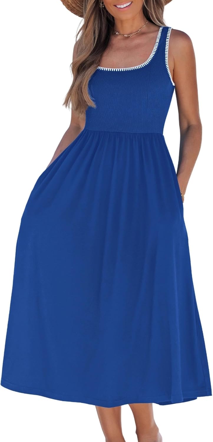 popvil Women A-Line Midi Dress 2026 Spring Summer Tank Top Square Neck Dress Casual Flowy Sleeveless Dress