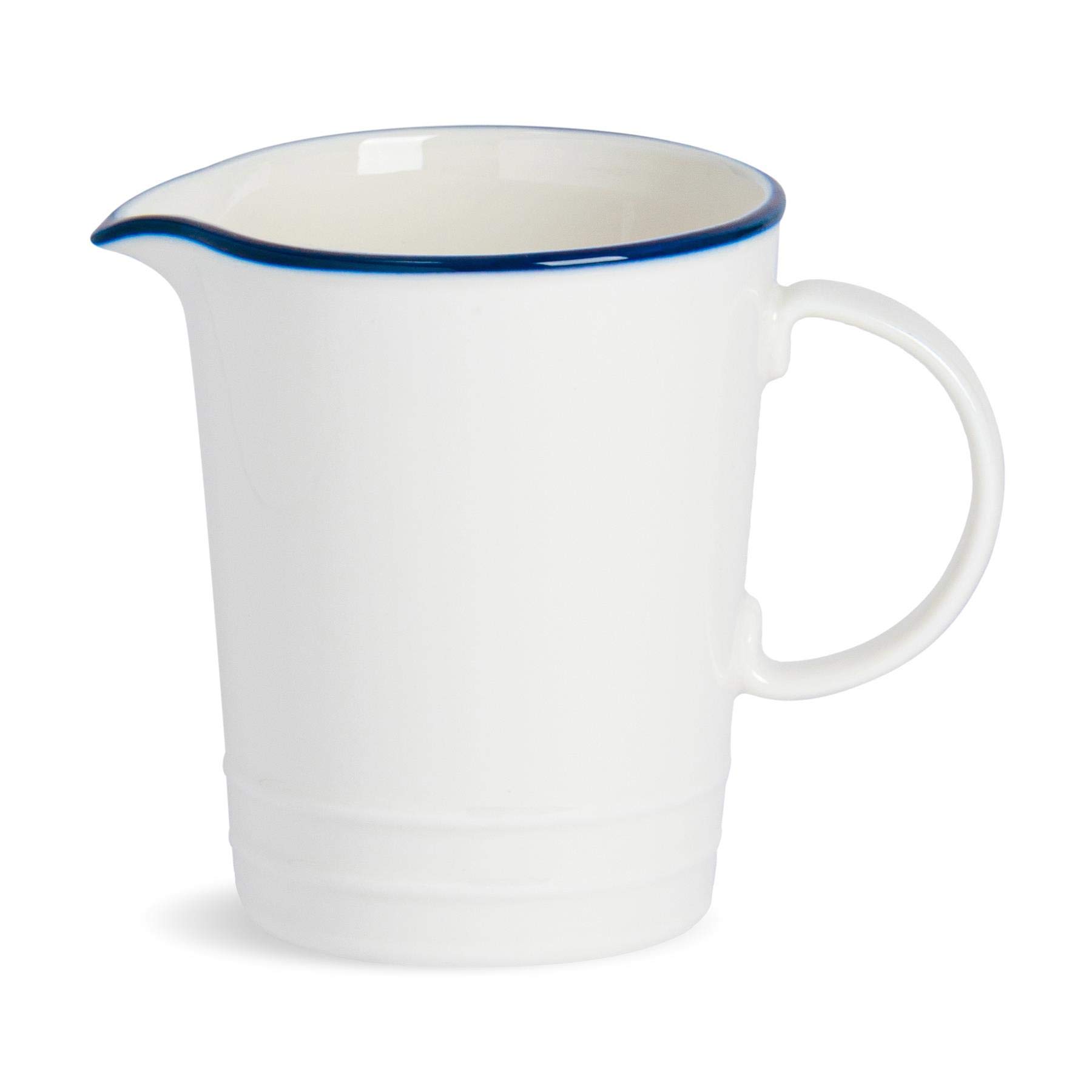 Nicola Spring Farmhouse Milk Jug - 300ml White & Blue Porcelain Rustic Country Cottage Creamer Pitcher with Rolled Rims, Comfort Handle & Tapered Spout