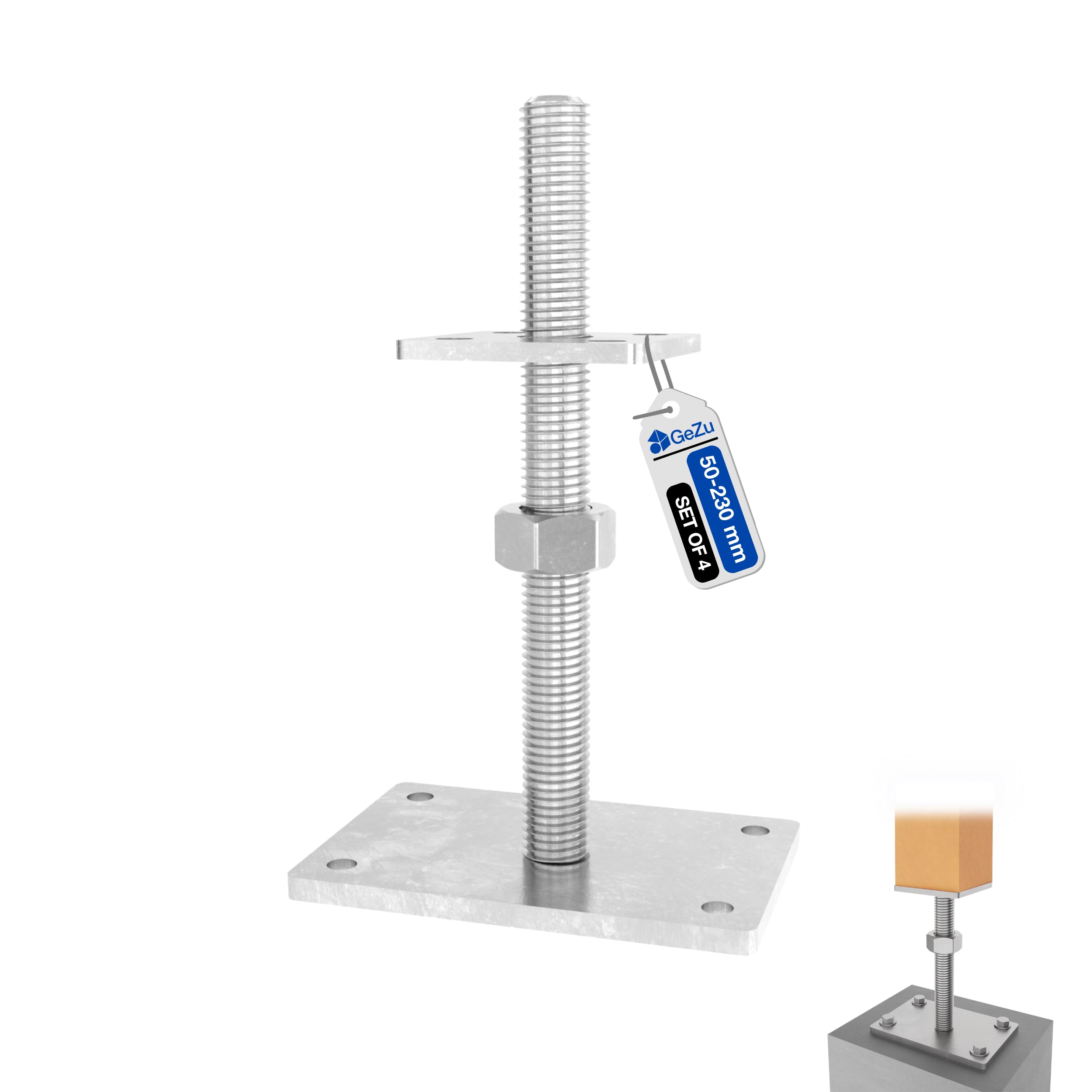 GeZu Impex Adjustable Post Support 70 x 70 mm Electroplated Set of 4 height adjust holder elevated base — view 121