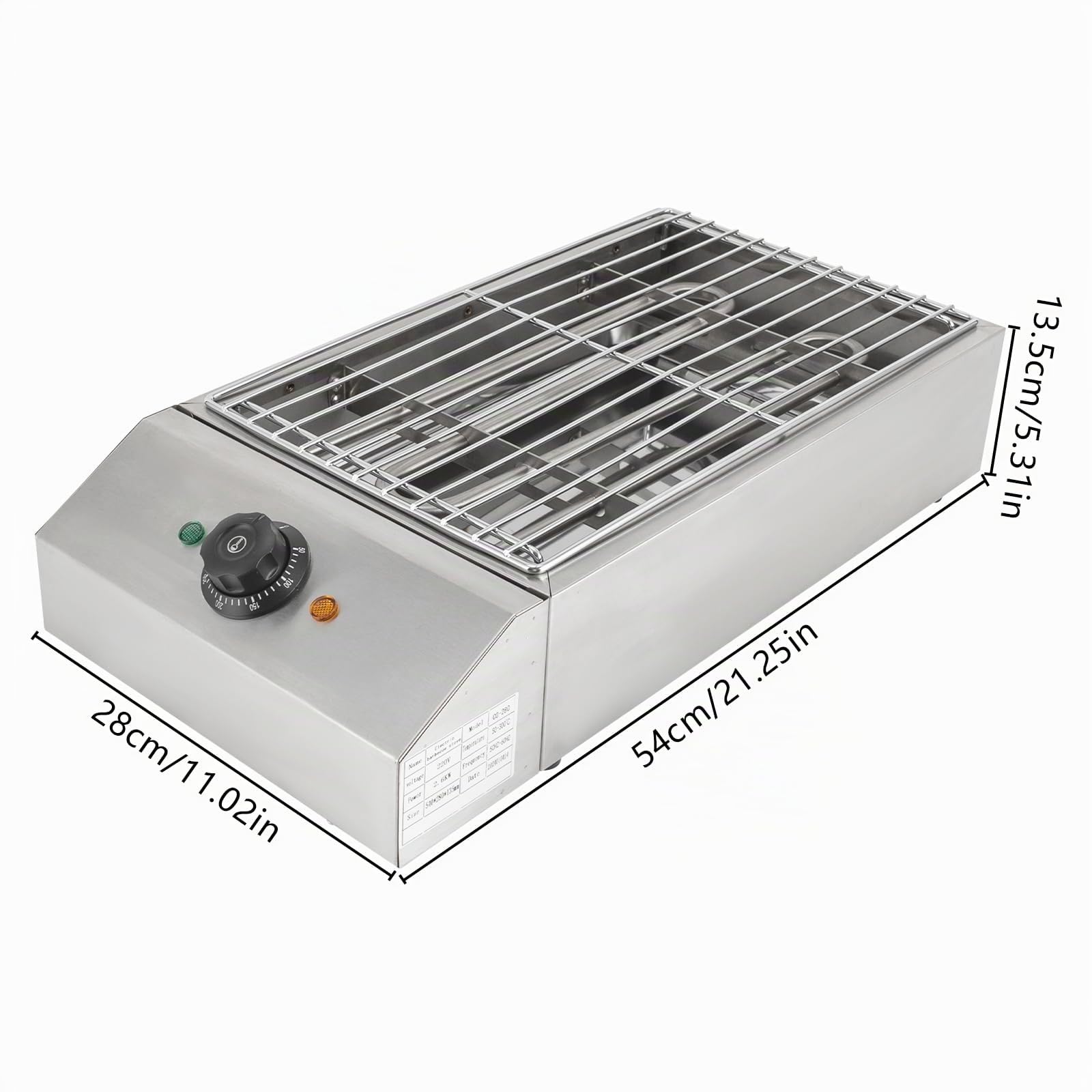 Barbecue elettrico da 220 V, 2,6 KW, 50 – 300 °C, temperatura regolabile, con griglia in acciaio inox rimovibile, per balcone, terrazza, interni, campeggio, 54 x 28 x 13,5 cm