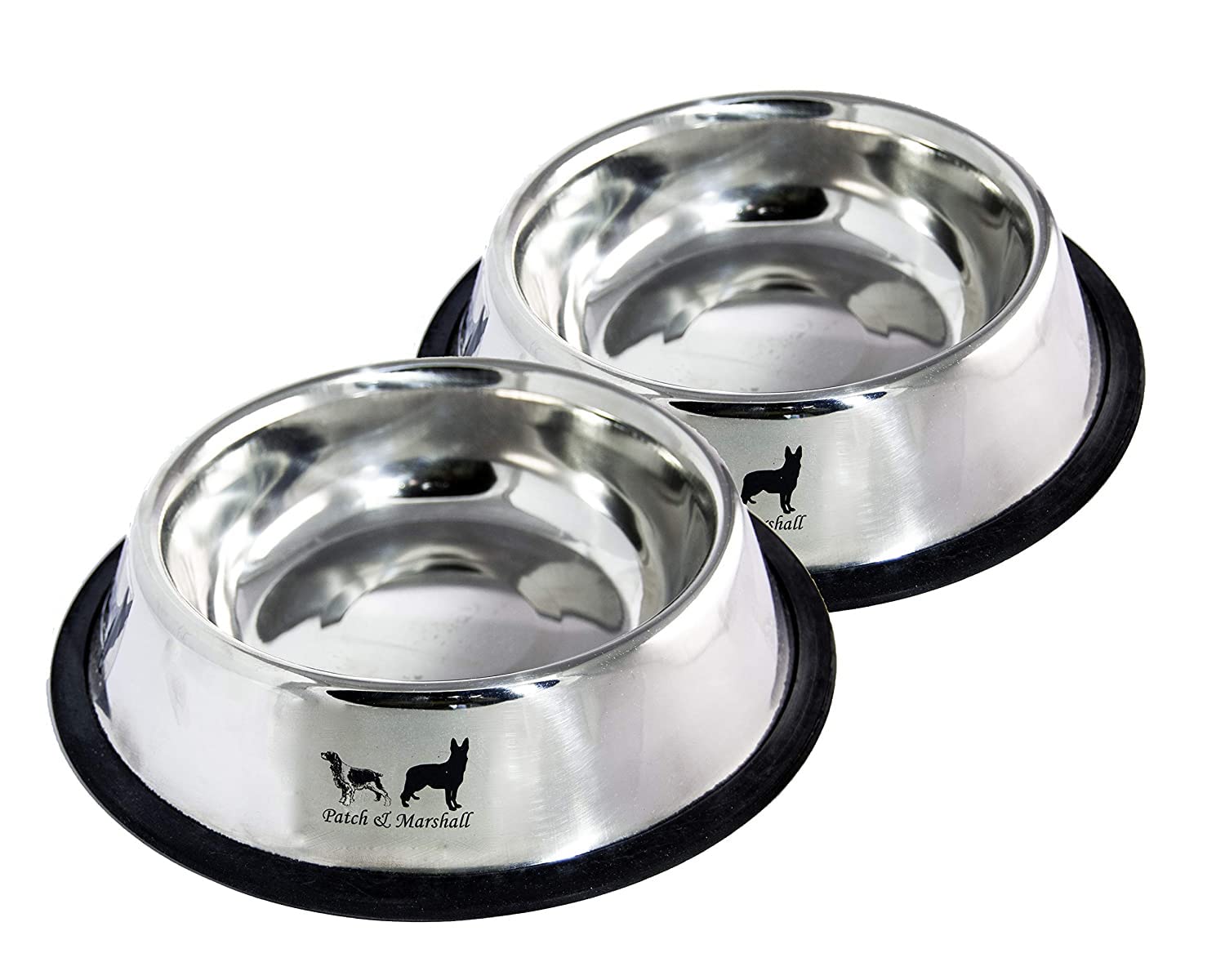 Patch & Marshall Pet Feeding Bowls for Dog with Anti Skid Ring,X- Large -Set of 2, 1600ml Water or Upto 900g pet Food per Bowl - Stainless Steel