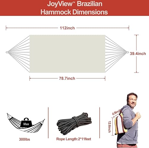 Miniatura 2 de JoyView Hamaca brasileña para una sola persona, hamaca portátil de algodón de 78.8 x 39.4 pulgadas con cuerdas para colgar y bolsa de transporte,
