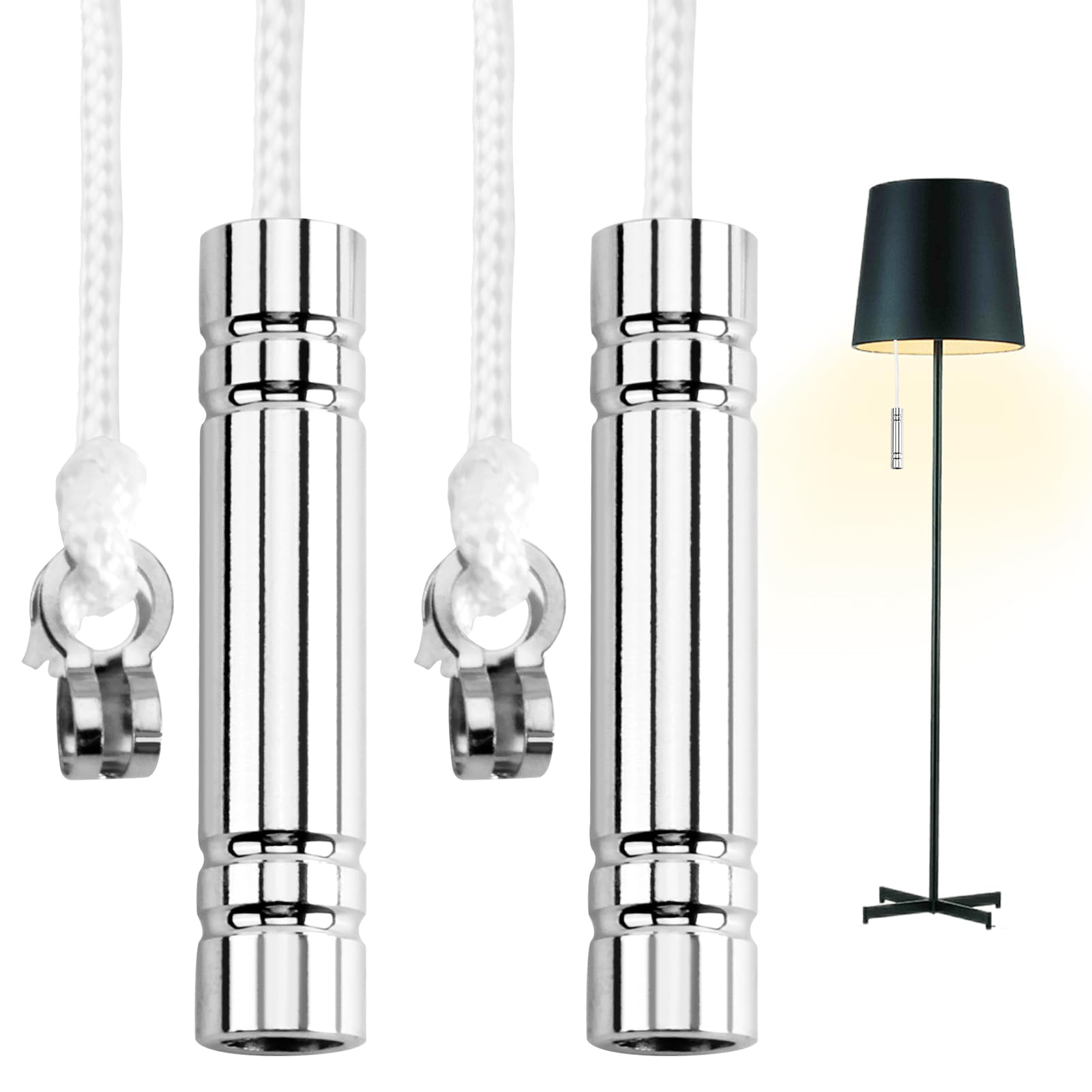 JUGCUT 2Pcs Light Pull Cord Handle for Bathroom Cylindrical Pull Cord Handle with 150 cm White Pull Cord and Connector for Bathroom Toilet Light Ceiling Fan Switch Light Fixtures Chrome