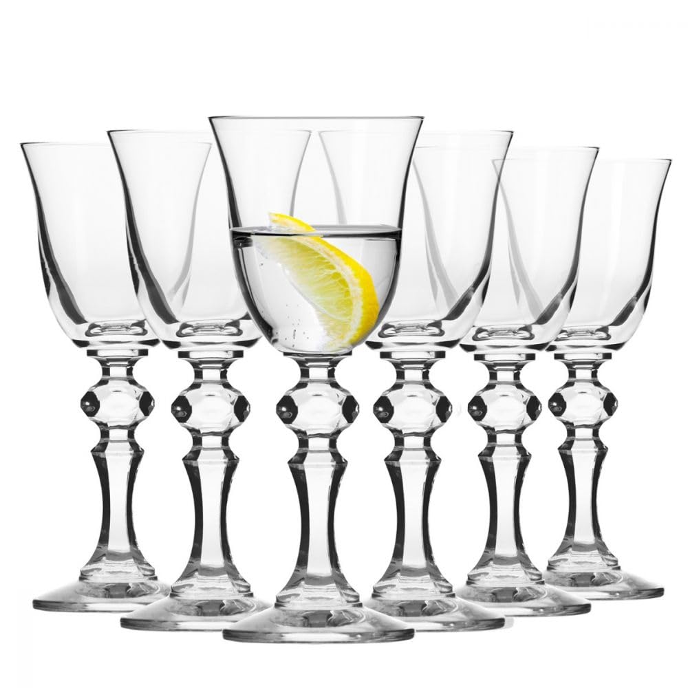 Krosno Shot Glasses Set of 6-60ml Crystal Vodka and Liqueur Glasses - Tulip Cordial Glasses with Decorated Stem, Lead-Free Crystal - Krista Collection